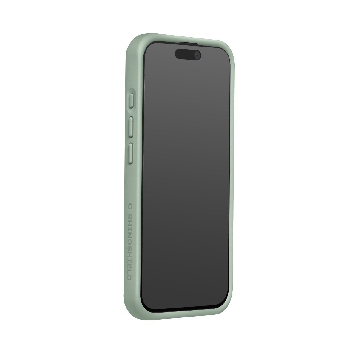 Une coque de téléphone vert clair avec écran noir, sur fond blanc.