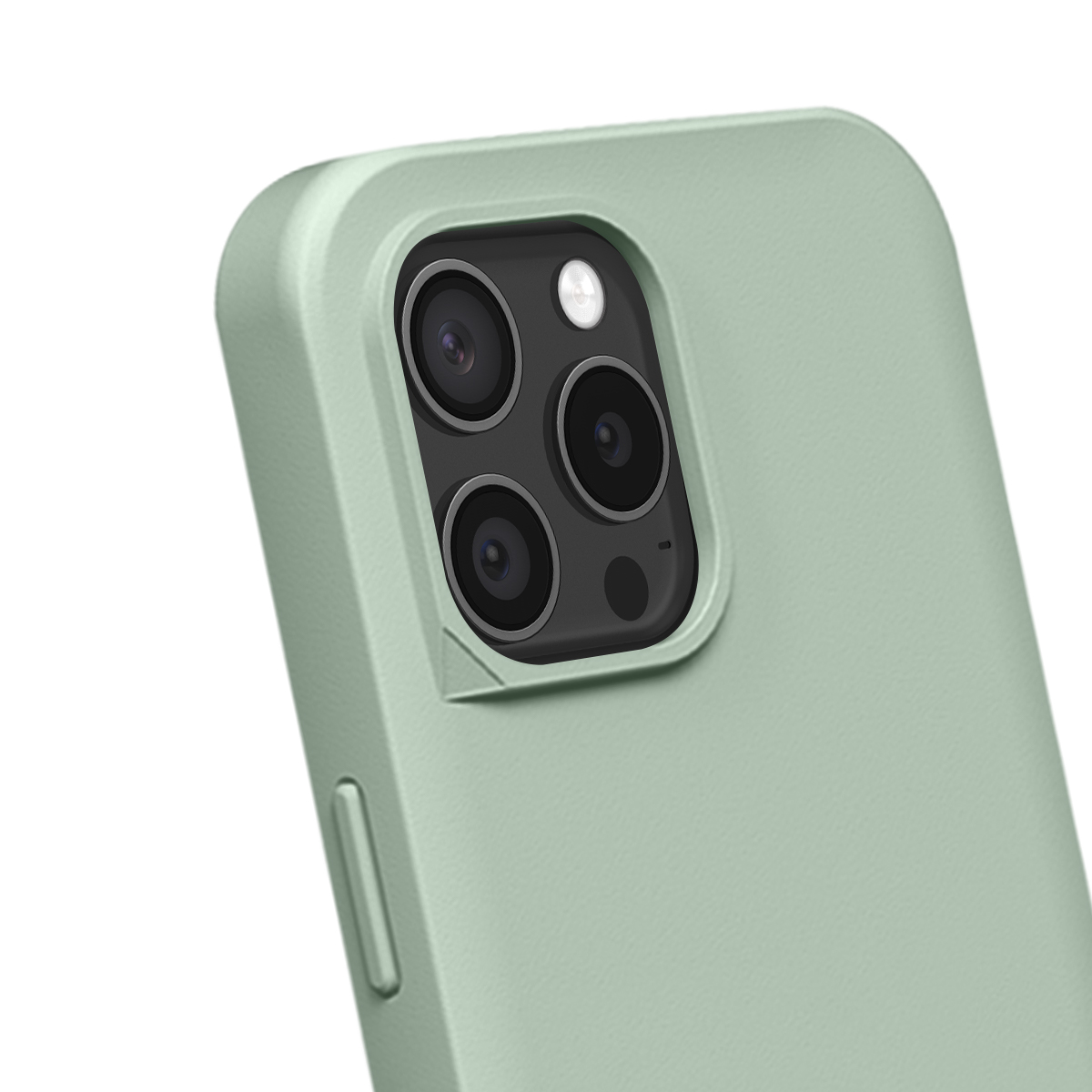 Coque de téléphone verte avec triple appareil photo et flash sur fond blanc.