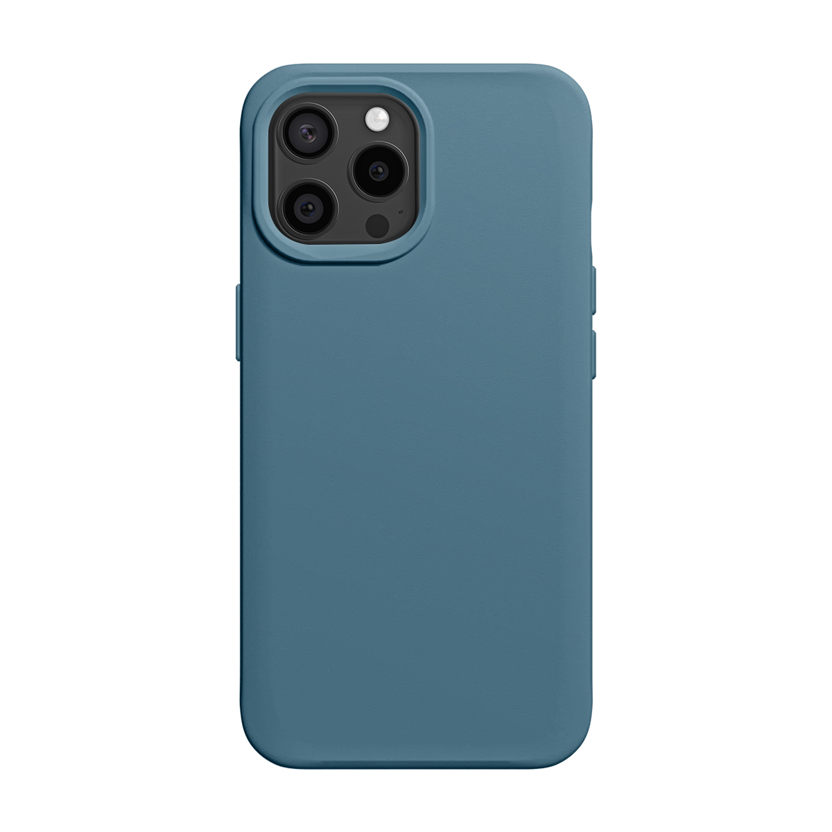 Blauwe telefoonhoes met drievoudige camera-uitsparing, op witte achtergrond.