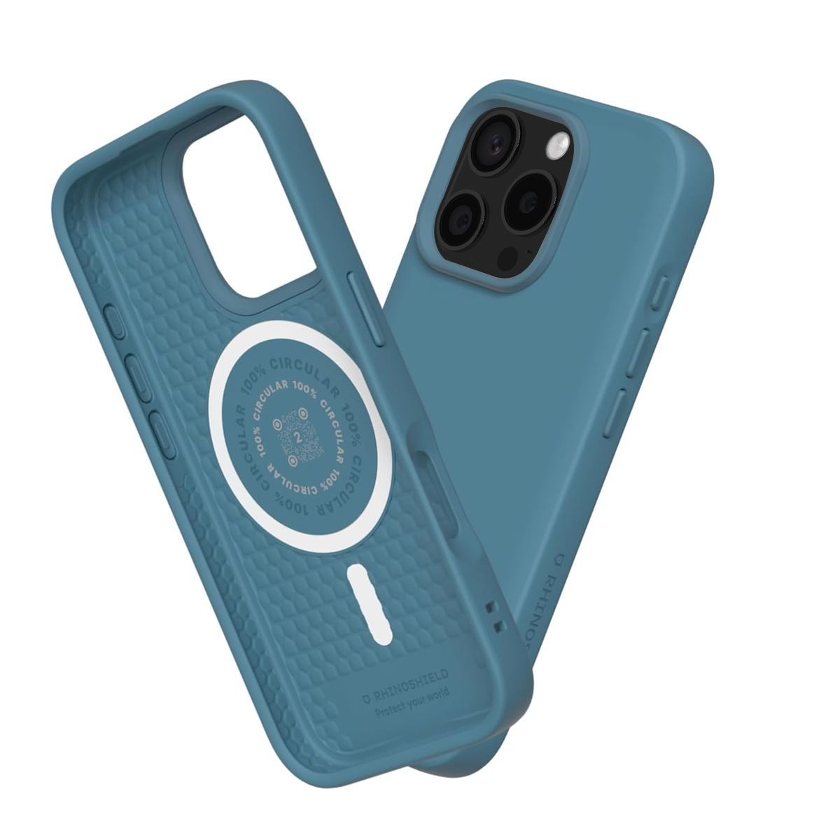 Blauwe telefoonhoes met camera-uitsparing en cirkelvormige tekst binnenin.