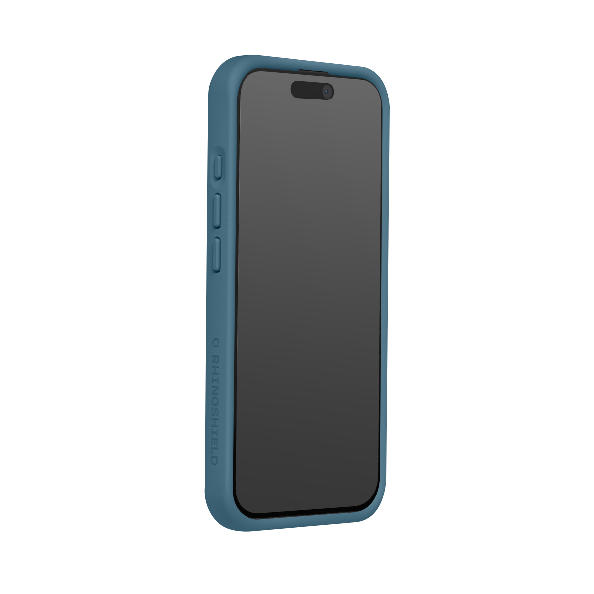 Een blauwe telefoon in een hoesje op een witte achtergrond.