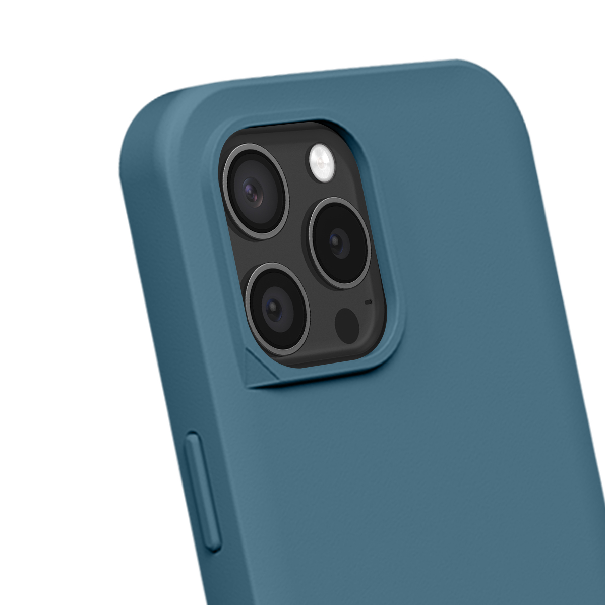 Blauwe telefoonhoes met drievoudige camera en flitser.