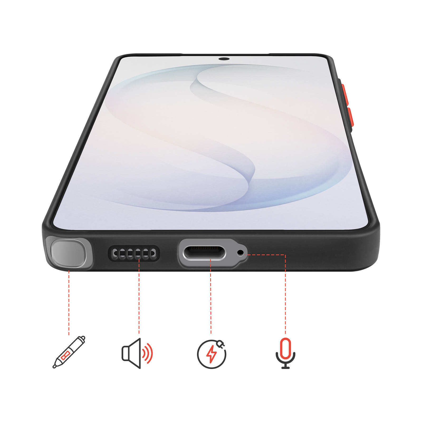 Zwarte telefoon met rode knoppen en iconen: pen, luidspreker, oplaadkabel, microfoon.
