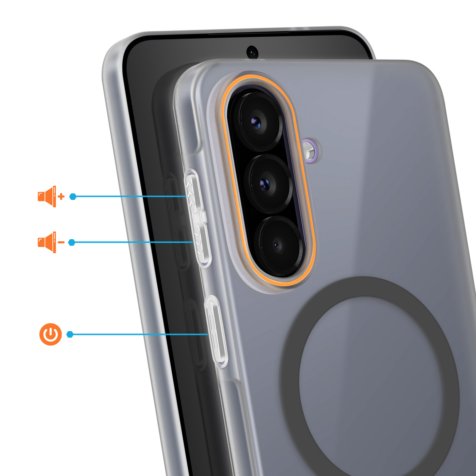 Transparente Hülle auf Smartphone mit drei Kameras und Lautstärke-/Ein-Aus-Tasten.