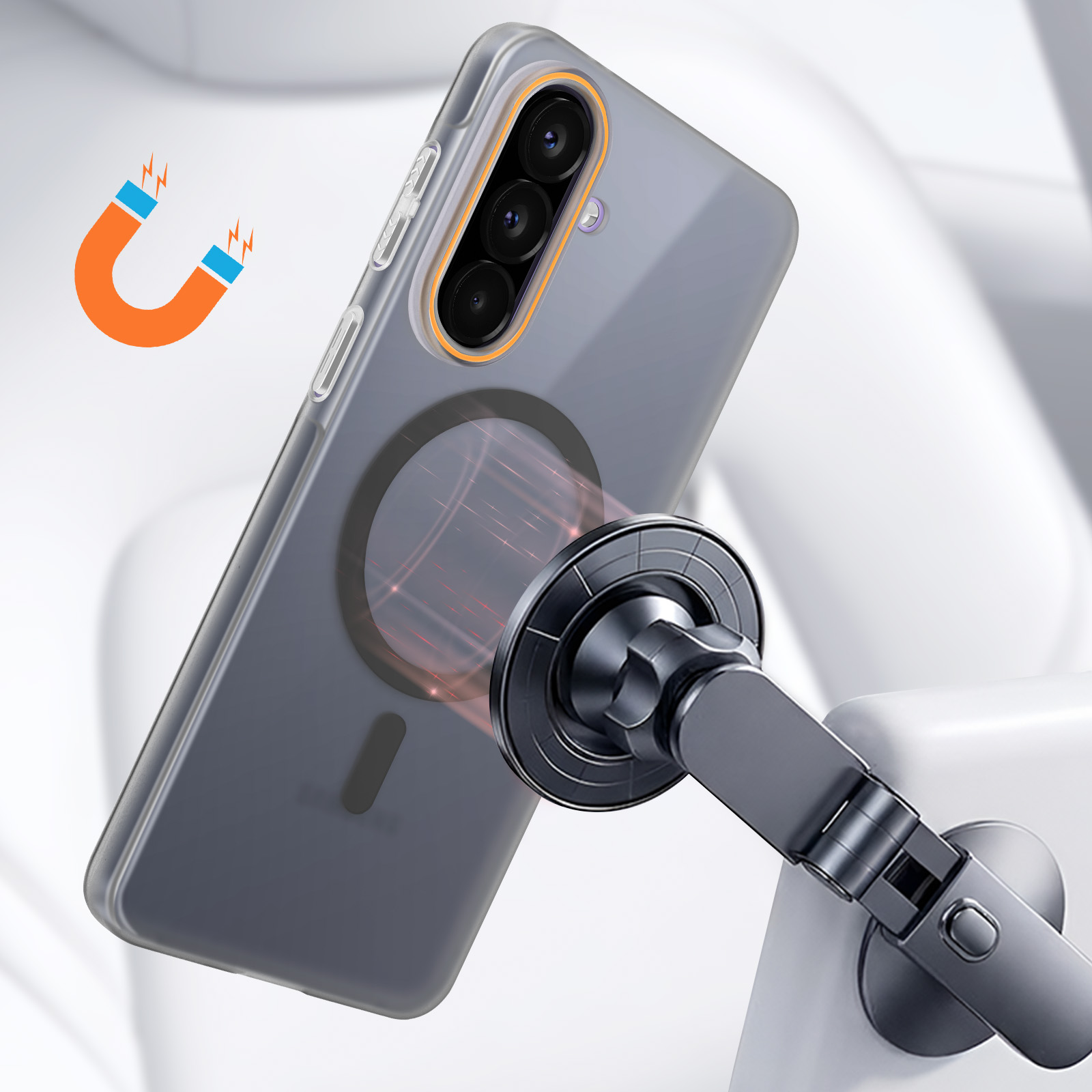 Ein Smartphone mit Hülle wird von einem magnetischen Autohalter gehalten. Ein Hufeisenmagnet-Symbol ist sichtbar.
