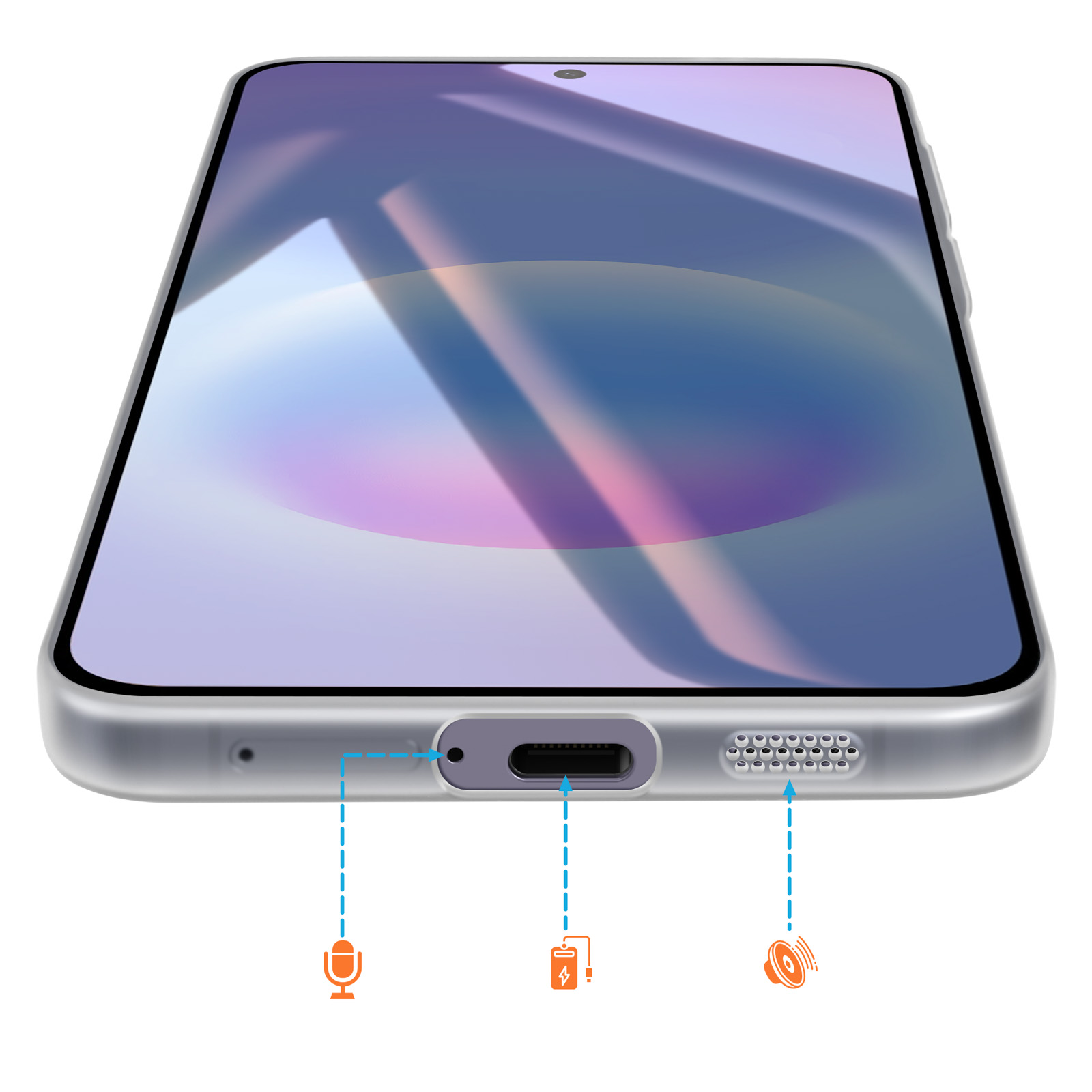 Ein Smartphone mit Mikrofon-, Lade- und Lautsprechersymbolen.