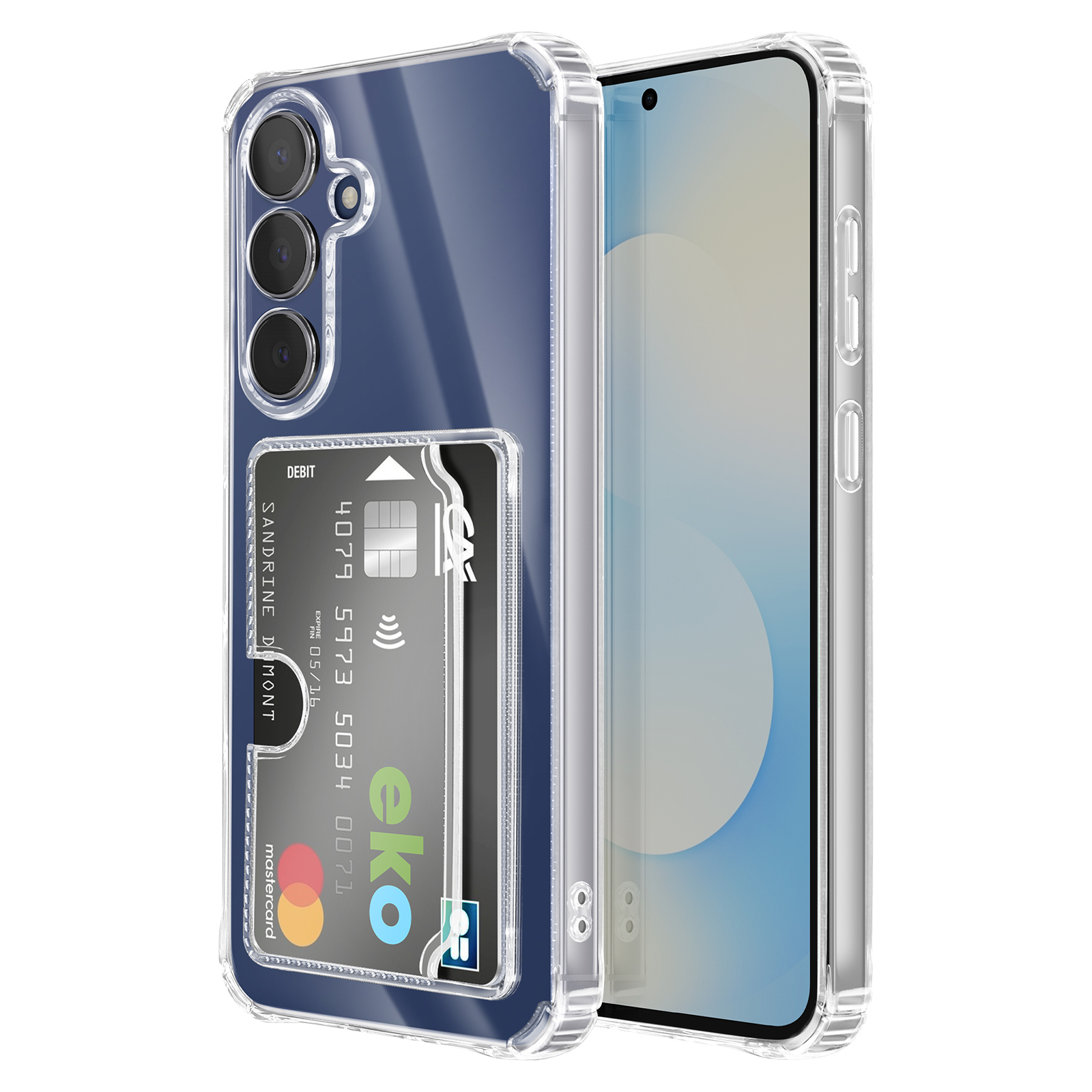 Eine transparente Hülle mit Kartenfach zeigt ein Smartphone mit drei Kameras.