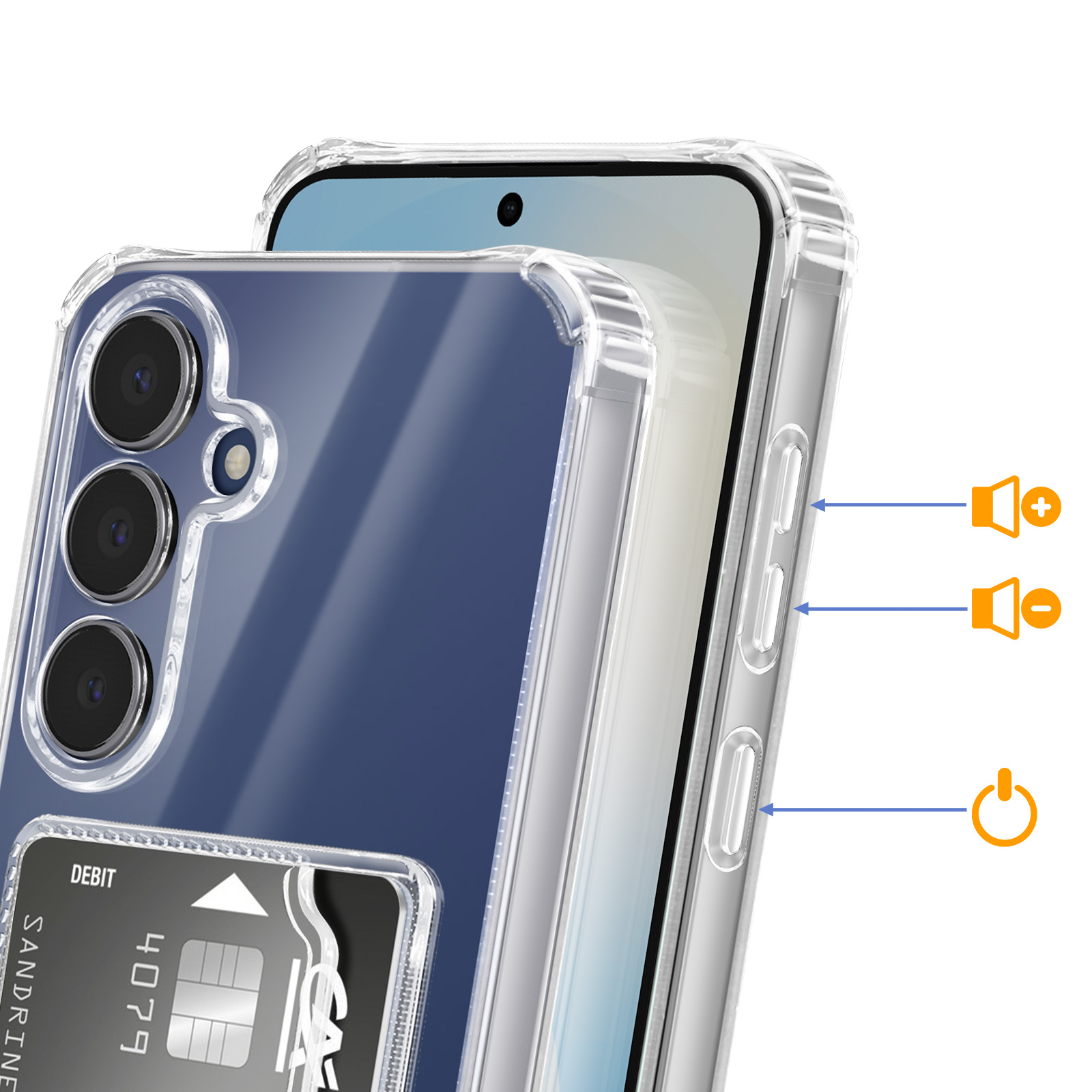 Ein durchsichtiger Handyhülle mit Kartenfach und Lautstärke-/Power-Buttons.