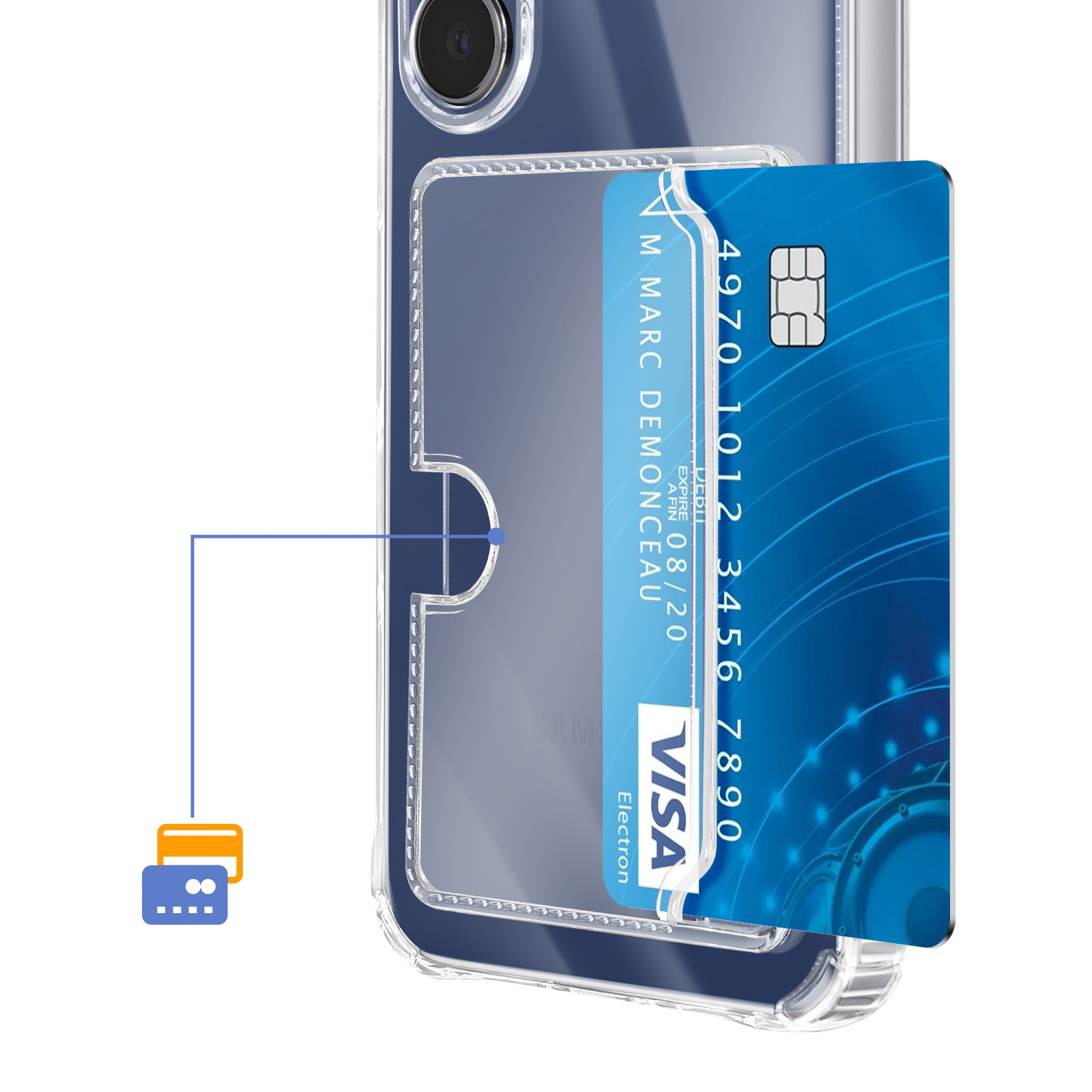 Transparente Handyhülle mit Kartenschlitz und einer blauen Visa-Karte.