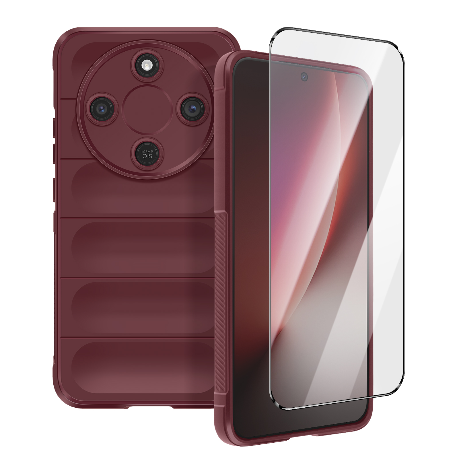 Coque de téléphone rouge foncé avec appareil photo et protecteur d'écran.