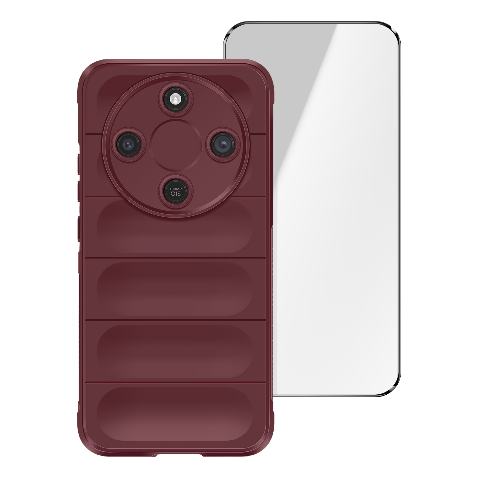 Coque de téléphone bordeaux avec quatre caméras à côté d'un smartphone écran blanc.