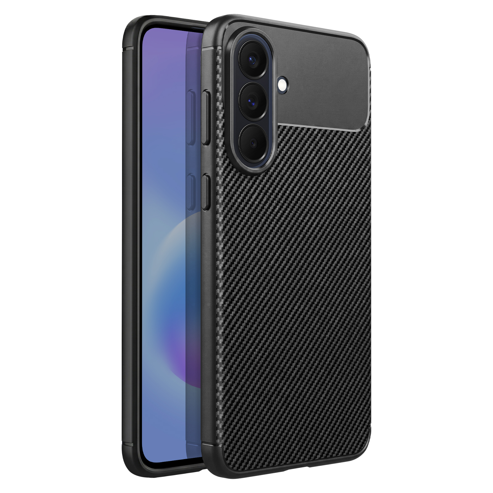 Teléfono negro con funda de patrón de carbono, módulo de cámara visible.