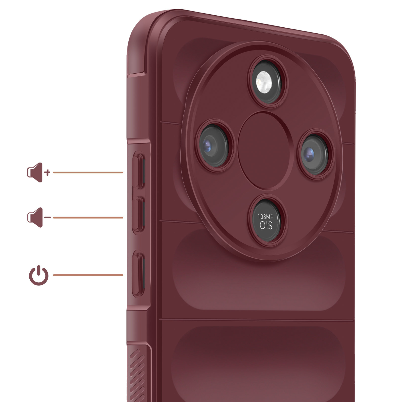 Arrière d'un smartphone rouge foncé avec trois caméras et boutons de contrôle.