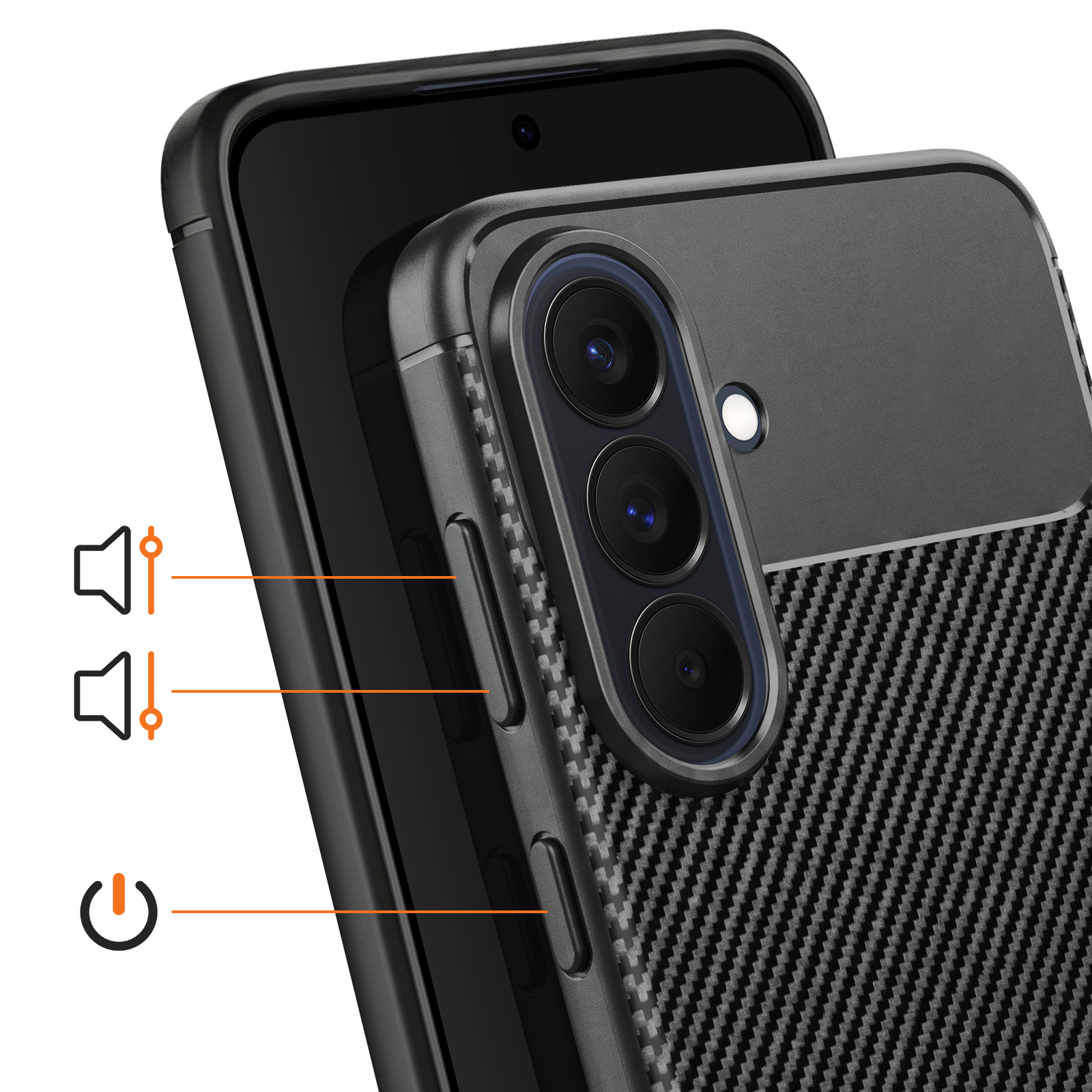 Teléfono negro con funda de patrón de carbono, enfoque en cámara y botones.