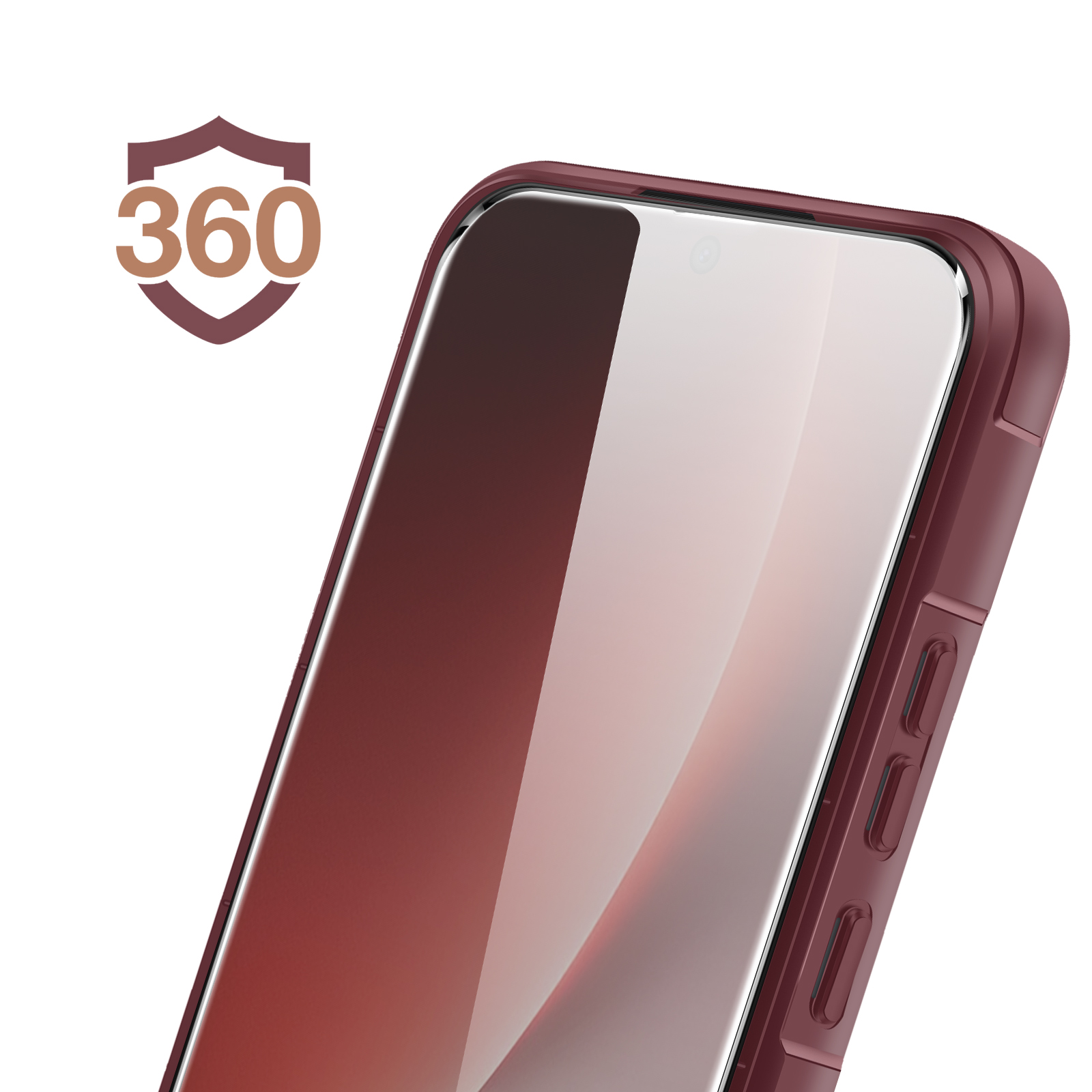 Un téléphone bordeaux dans un étui de protection avec logo bouclier 360. Fond blanc.