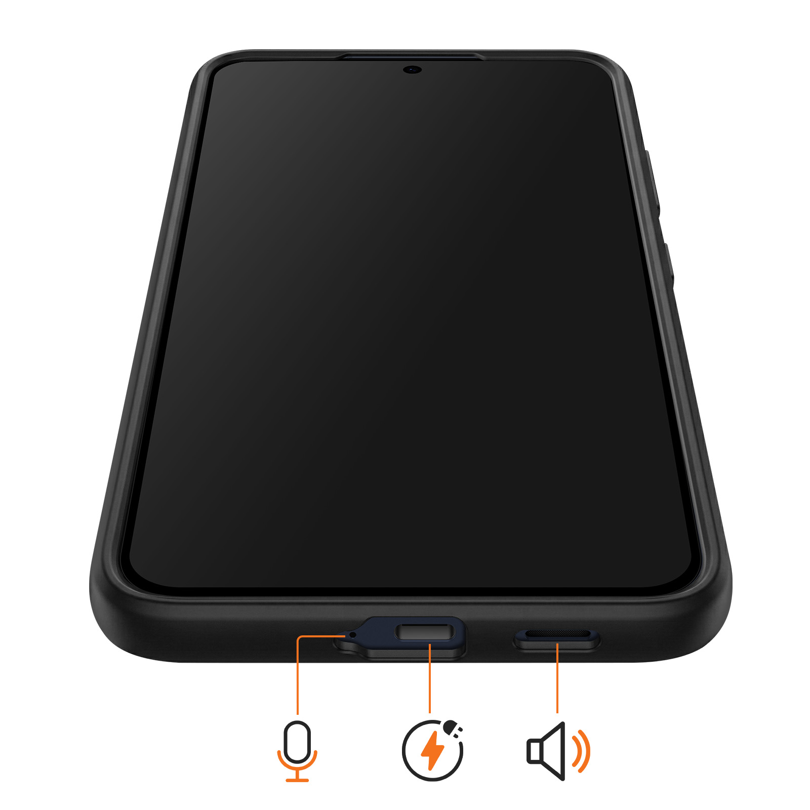 Smartphone negro con iconos de micrófono, carga y altavoz en la parte inferior.