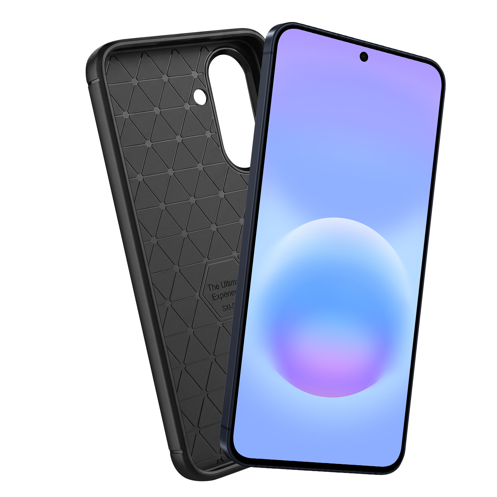 Funda de teléfono negra con patrón geométrico junto a un smartphone con pantalla azul.