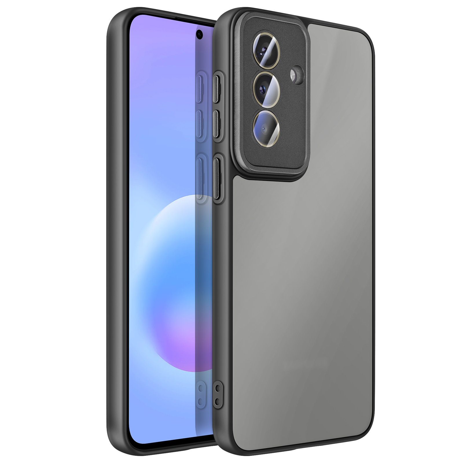 Zwarte telefoonhoes met drievoudige camera en getinte achterkant.