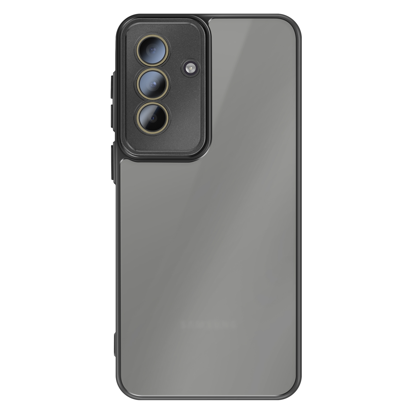 Achterkant van een grijze smartphone met drie camera's en flitser.