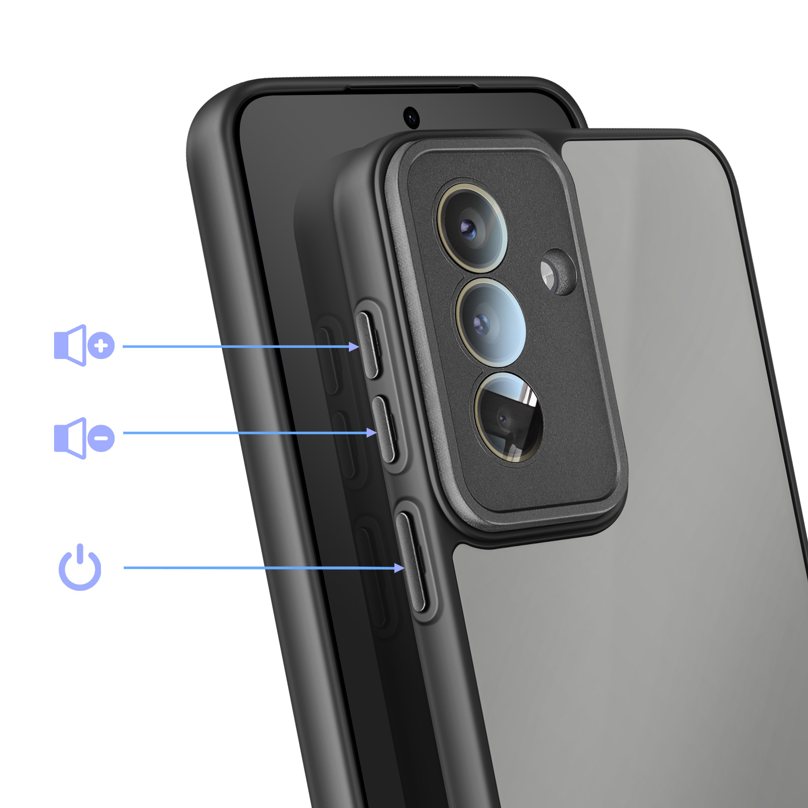 Close-up van een zwarte smartphonehoes met drievoudige camera's en zijknopjes.
