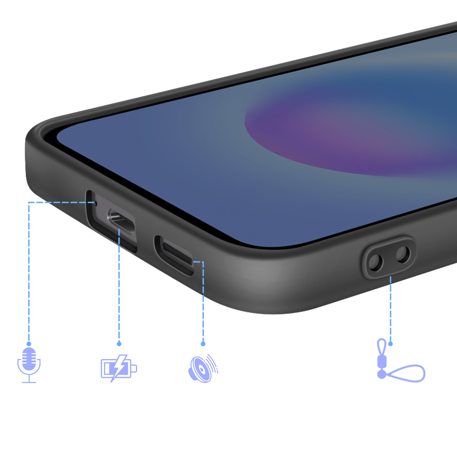 Close-up van een zwart telefoonhoesje met poorten en iconen voor microfoon, batterij, luidspreker en koord.