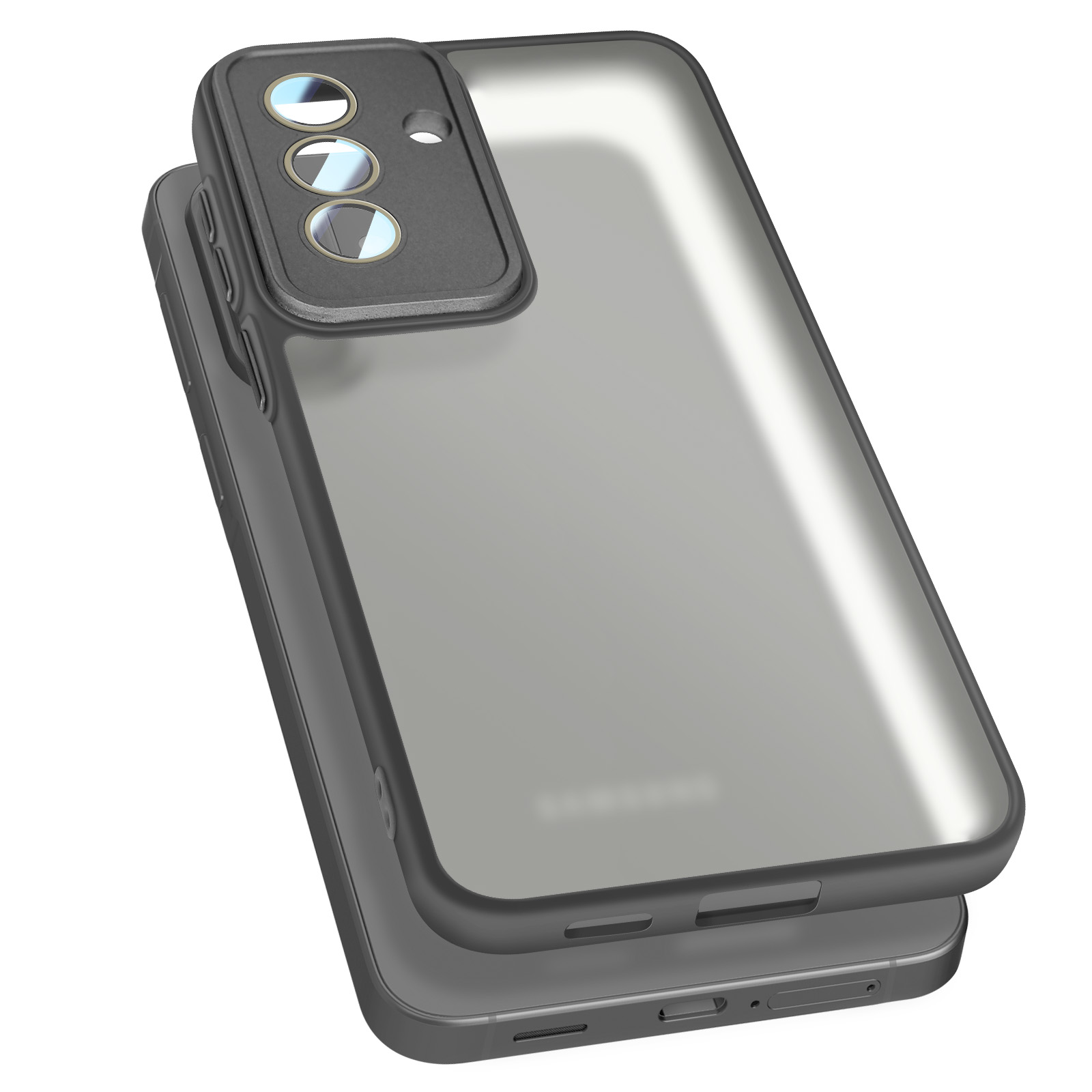 Grijze telefoonhoes met drievoudige camera-uitsparing, op witte achtergrond.