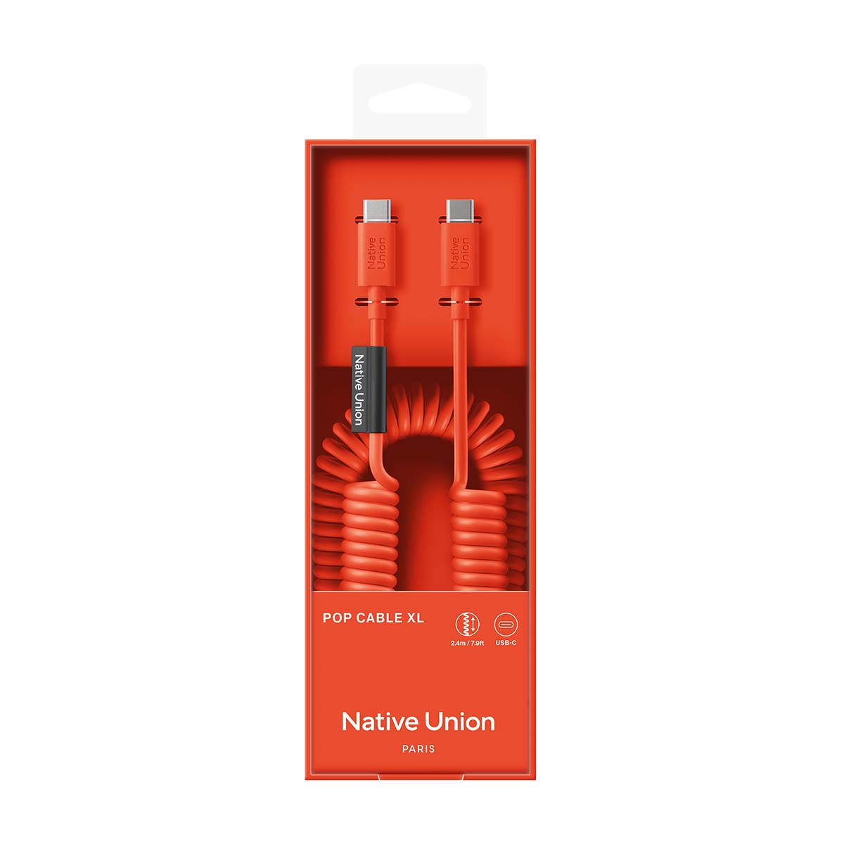 Câble de chargement orange Native Union avec USB-C, enroulé dans l'emballage.