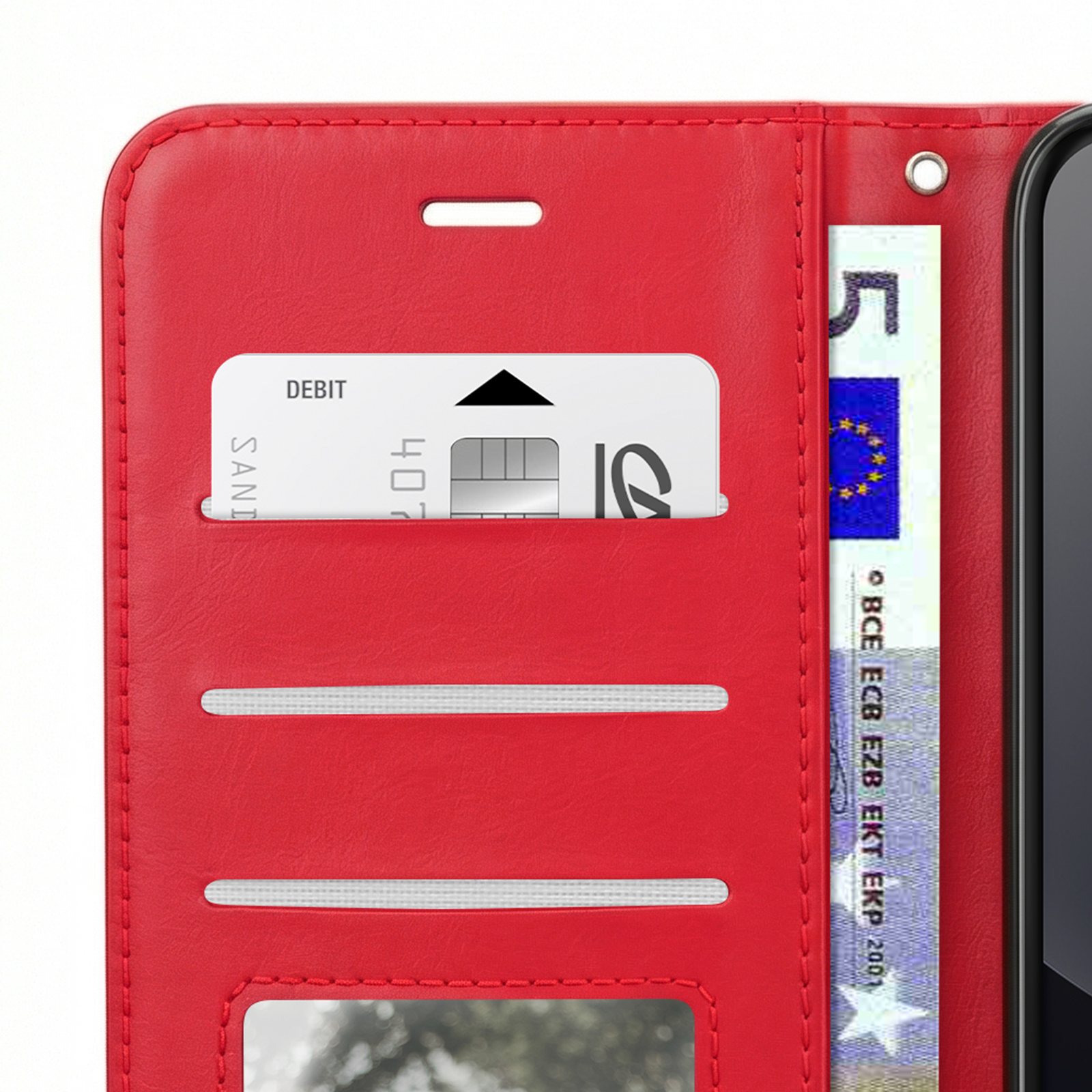 Étui de téléphone rouge à rabat avec fente pour carte, billet et téléphone.
