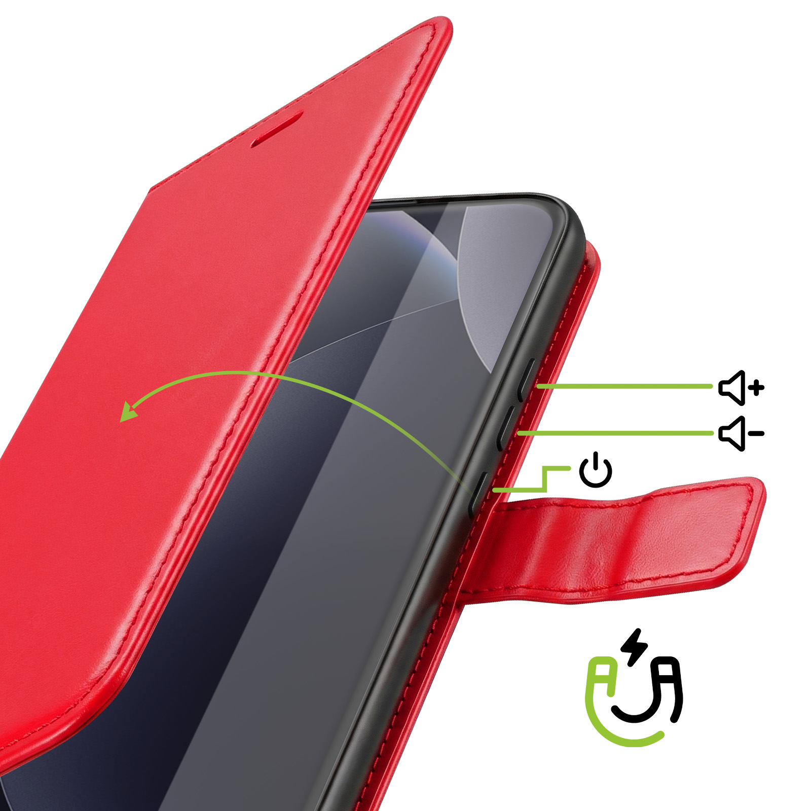 Coque de téléphone rouge avec rabat ouvert, boutons et indicateur.