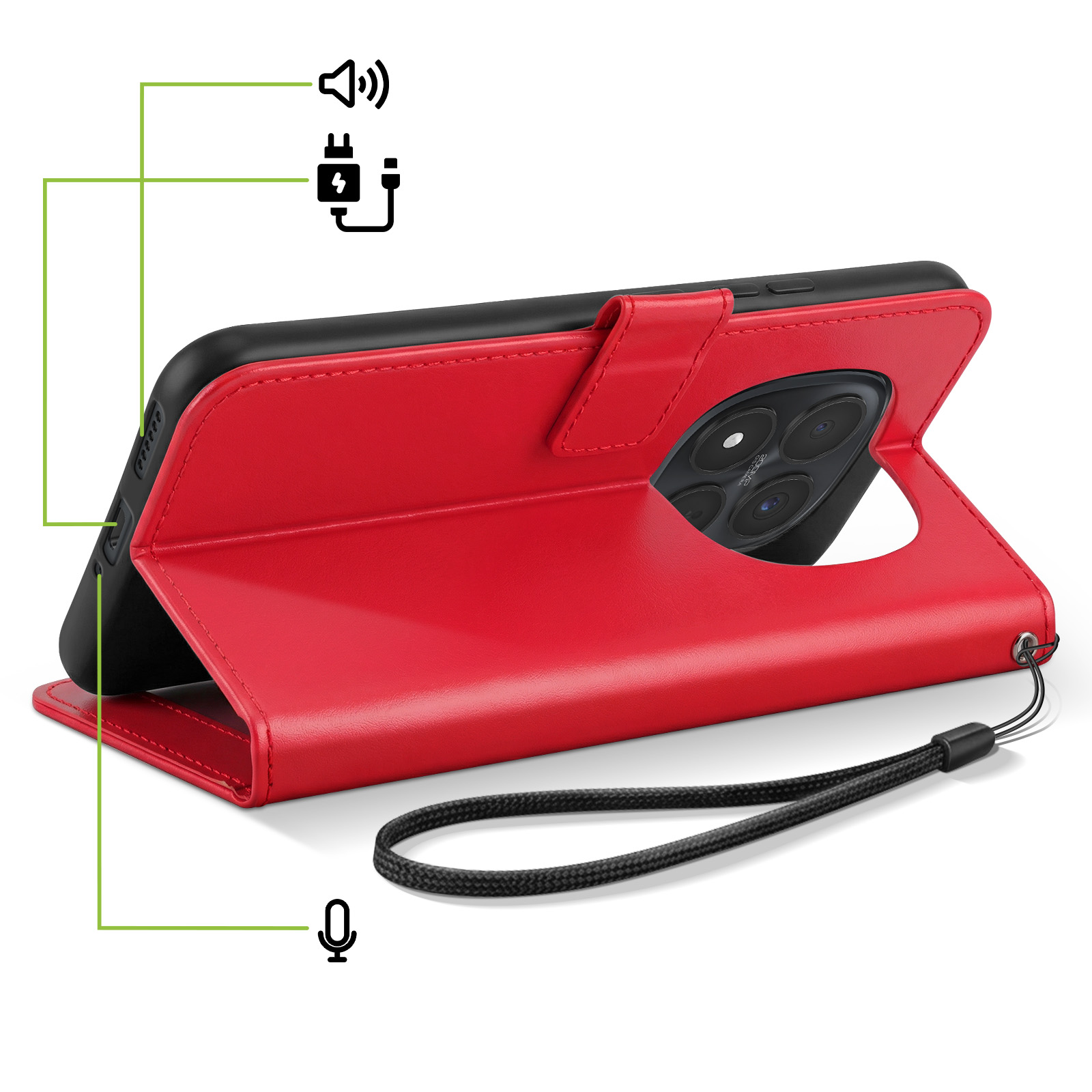 Étui portefeuille rouge pour téléphone avec découpe caméra et dragonne. Icônes blanches.