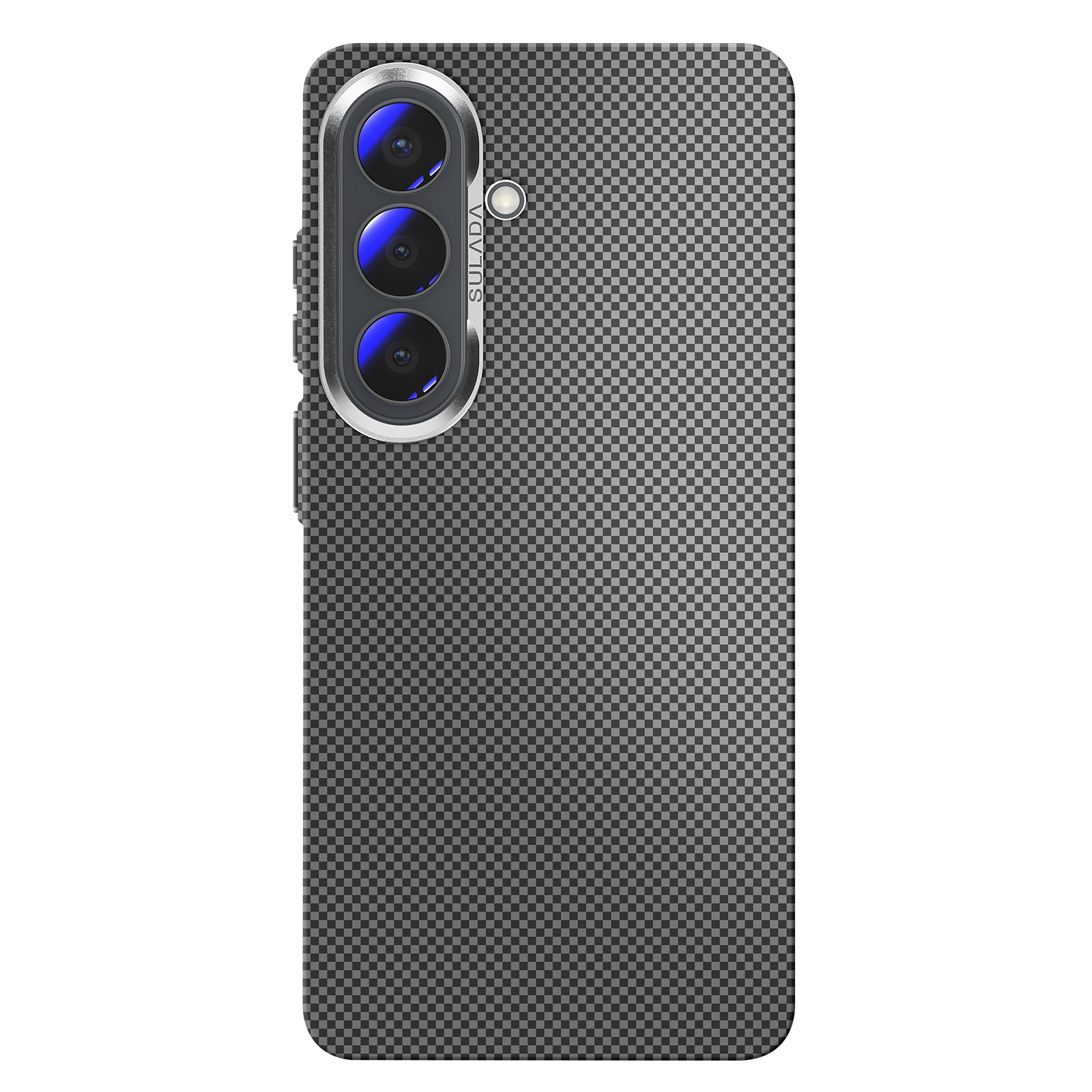 Achterkant van een smartphone met geblokt patroon en drie camera's.