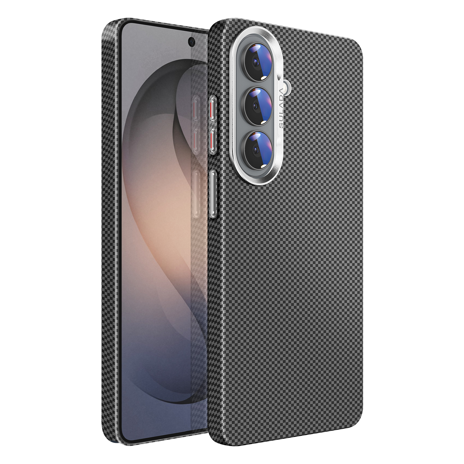 Een zwarte telefoon met een hoesje met koolstofvezelpatroon en drie camera's.