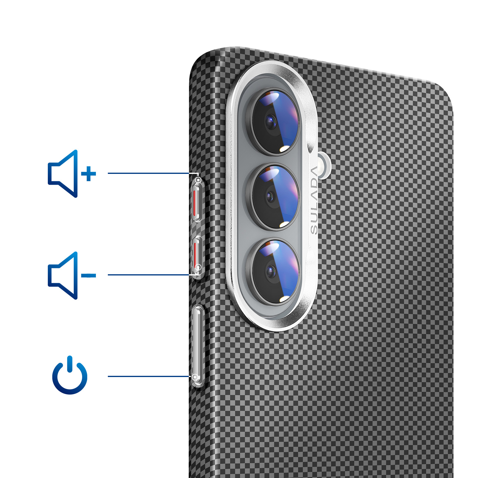 Achterkant van een smartphone met ruitpatroon, camera en volumeknoppen.