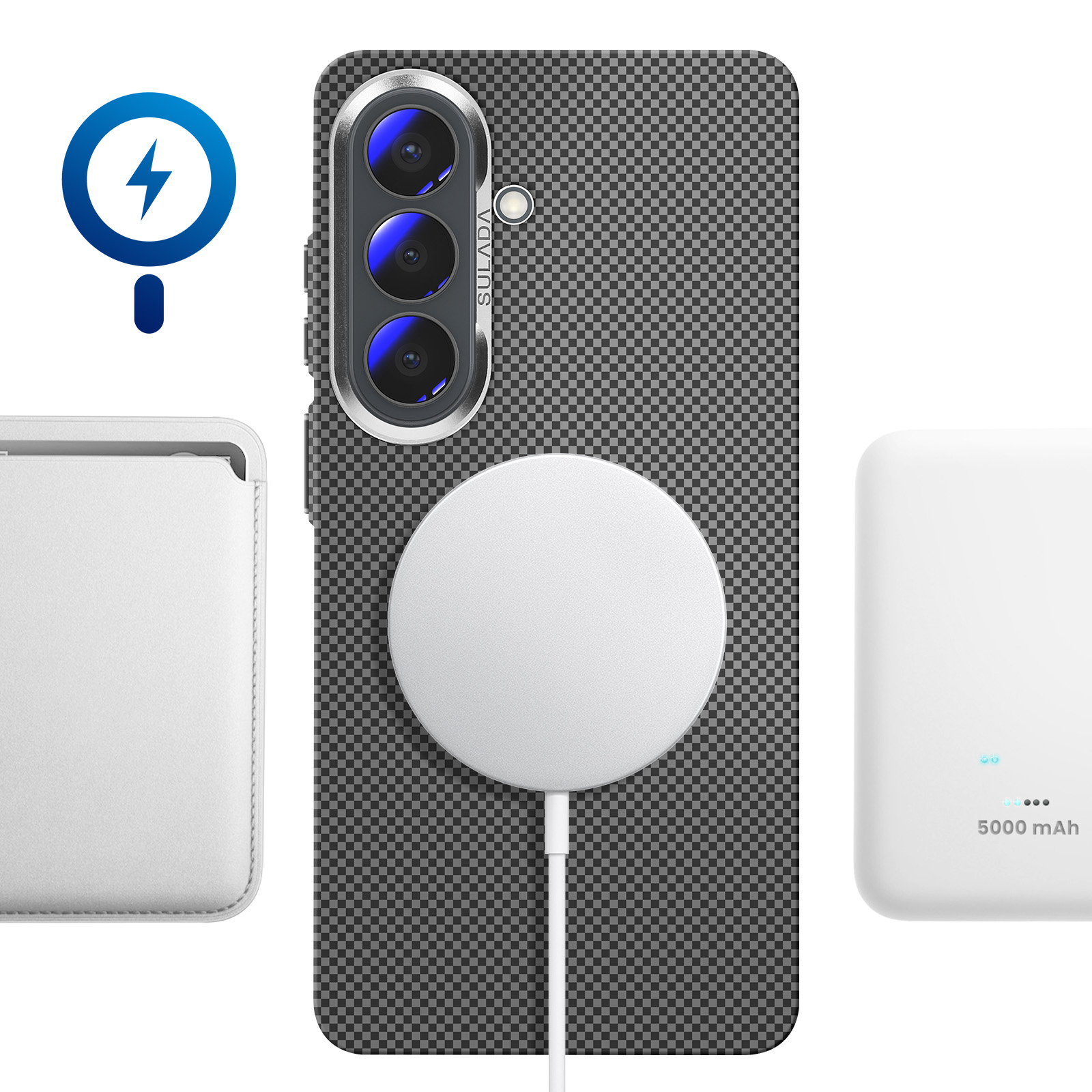 Een smartphone met drie camera's, draadloze oplader en een powerbank.