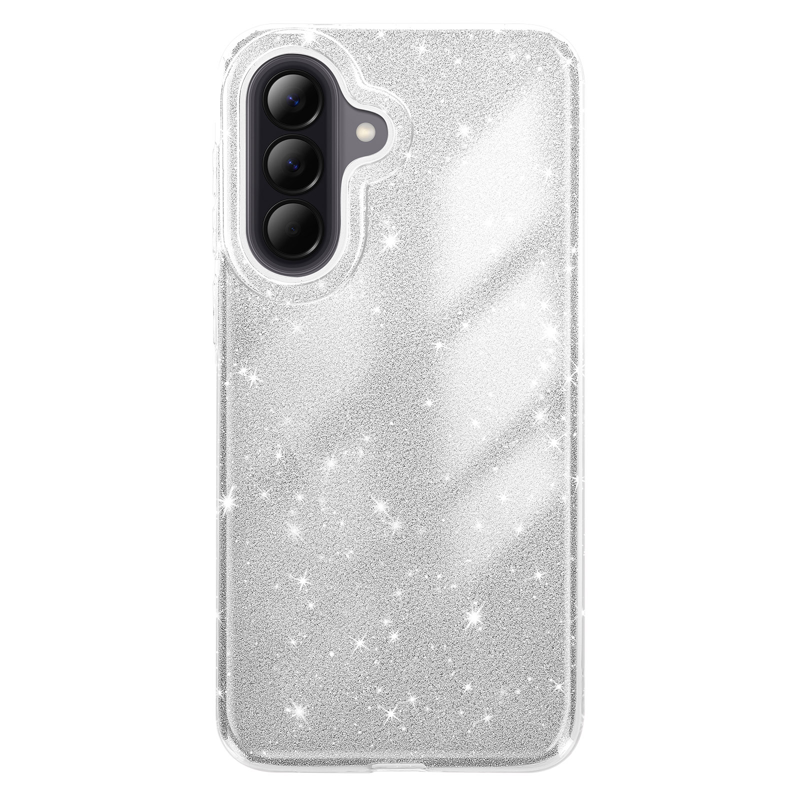 Zilveren glitter telefoonhoesje met uitsparing voor drievoudige camera.