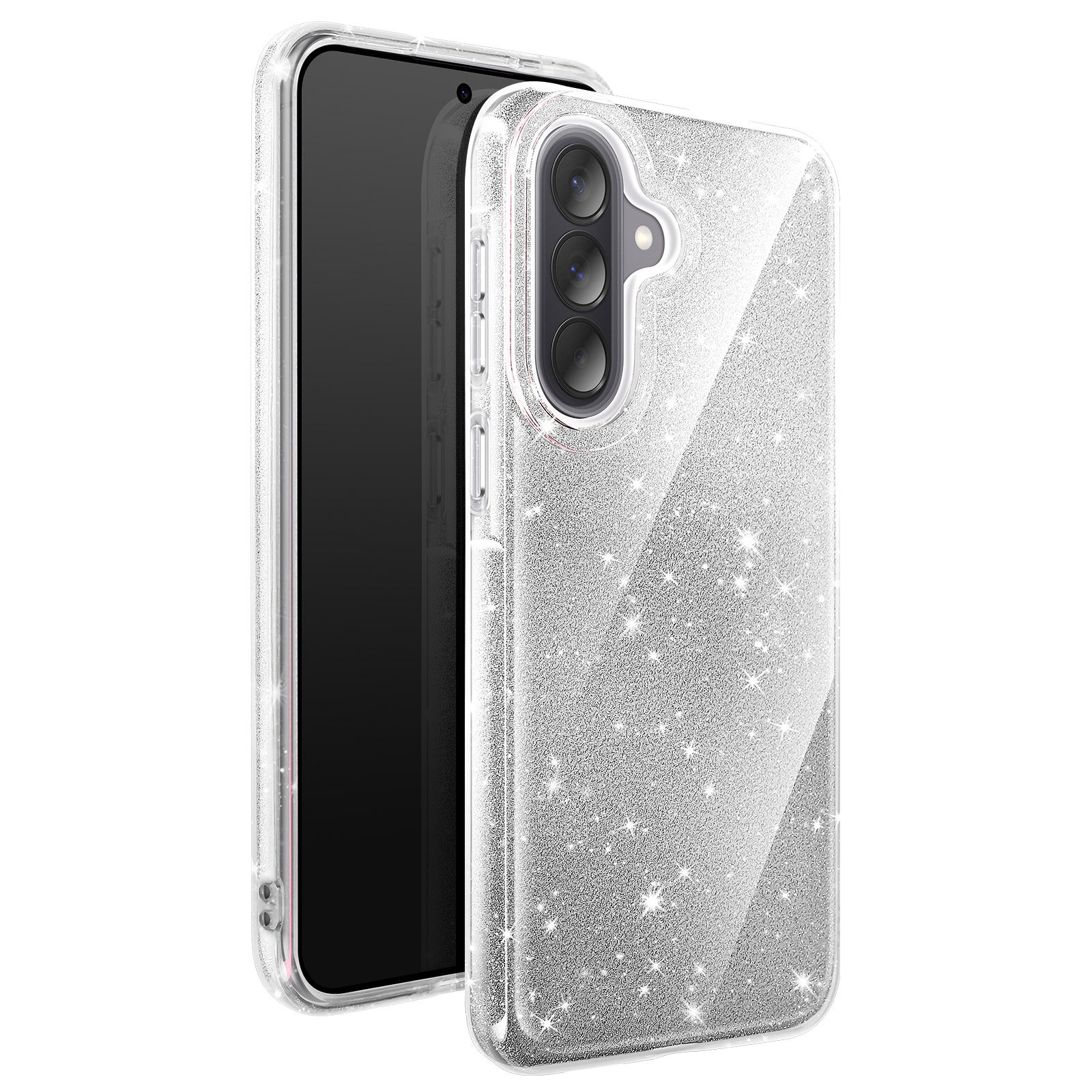 Doorzichtige telefoonhoes met glitter en drie camera's.