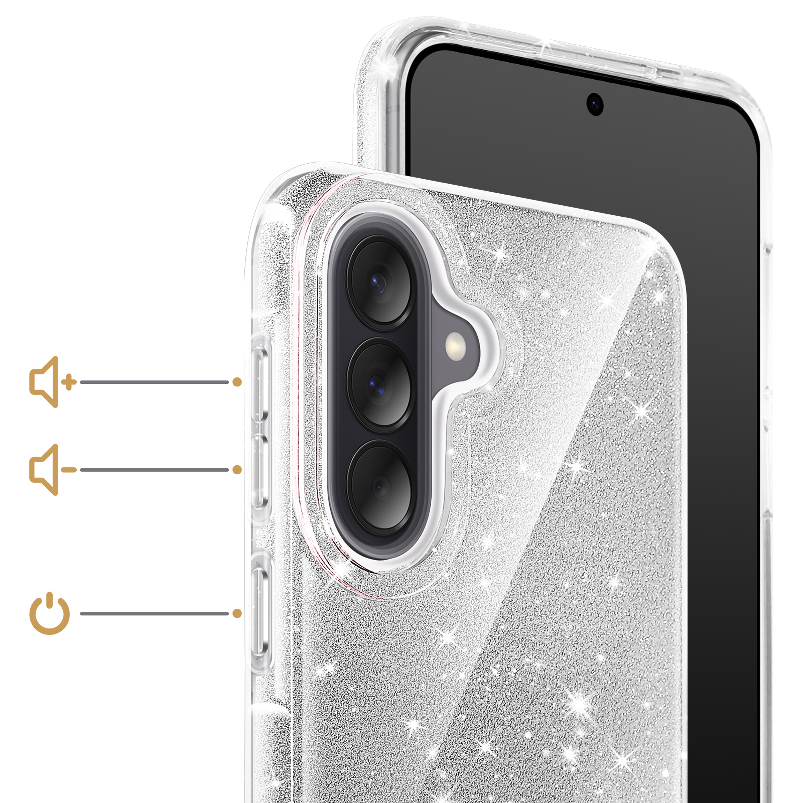 Transparante glitter telefoonhoes met drievoudige camera.