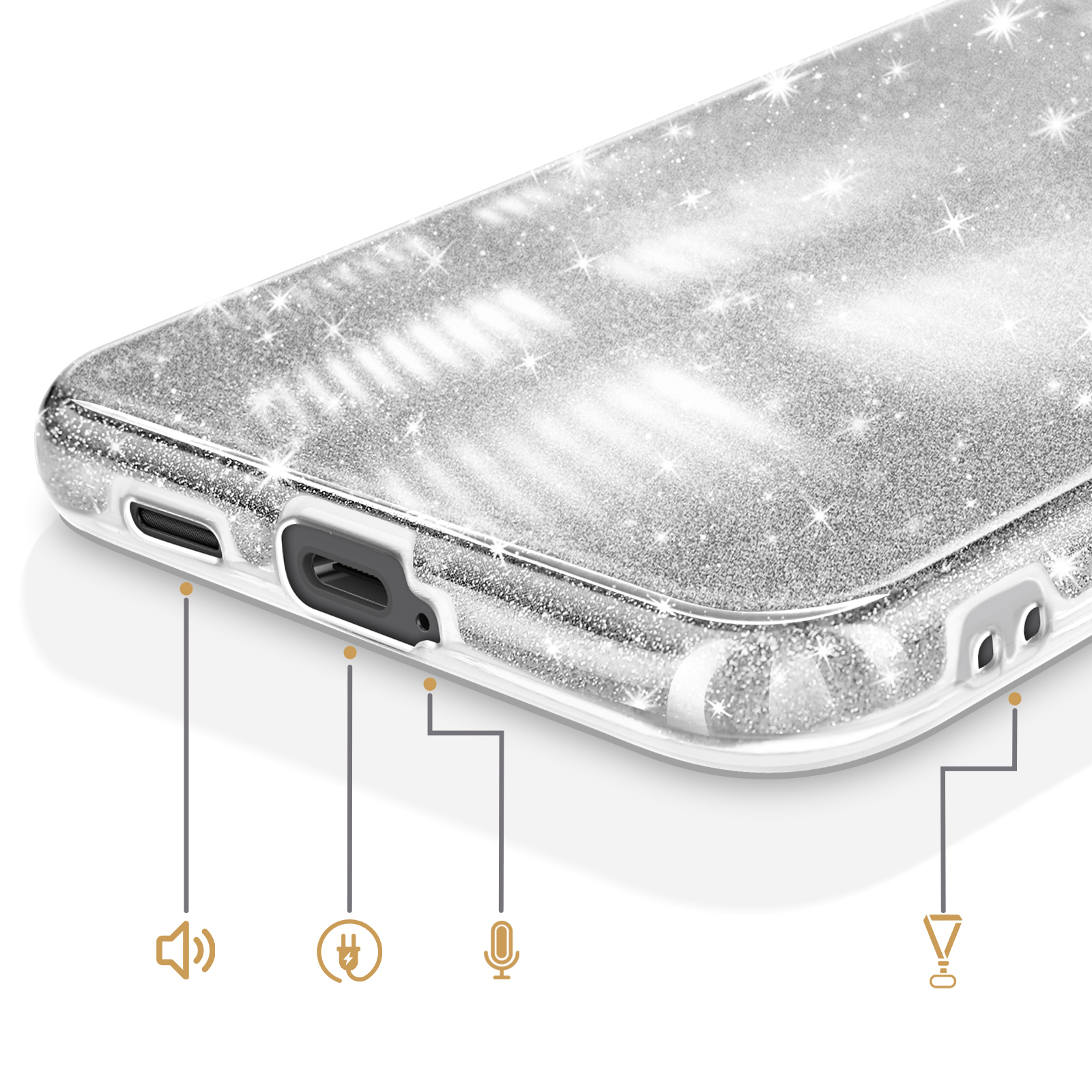 Zilveren glitter telefoonhoes met poorten en iconen voor volume, opladen en microfoon.