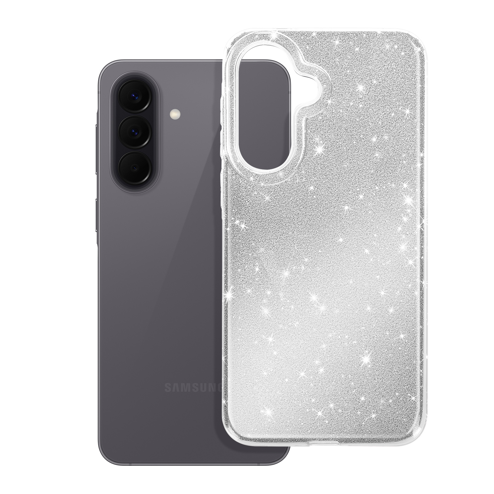 Grijze smartphone naast een glinsterende doorzichtige telefoonhoes. Cameralens en flits zichtbaar op achterkant.