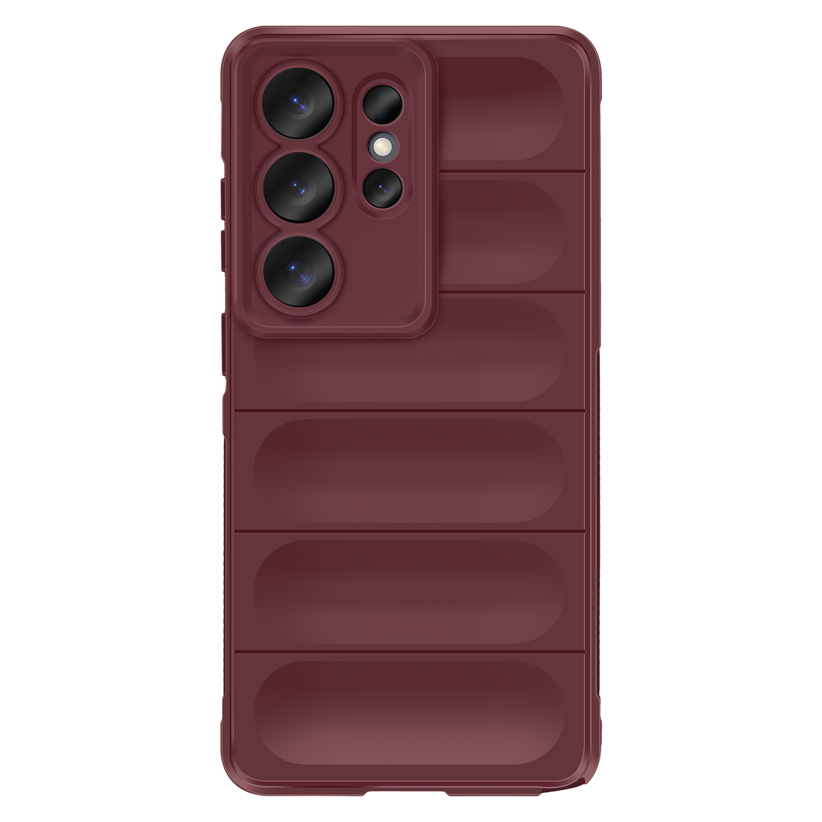 Donkerrode telefoonhoes met horizontale lijnen en camerainstelling.