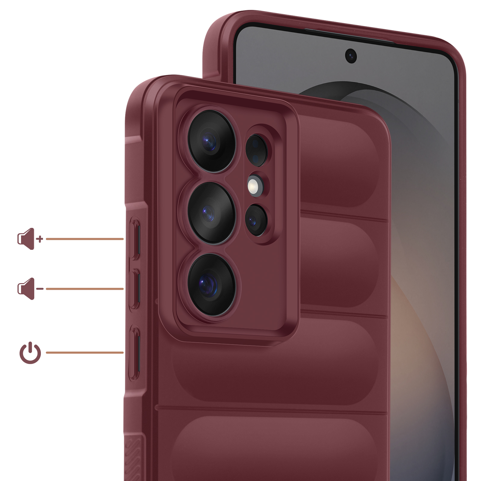 Donkerrode telefoon met vier camera's, volume- en aan/uitknoppen.