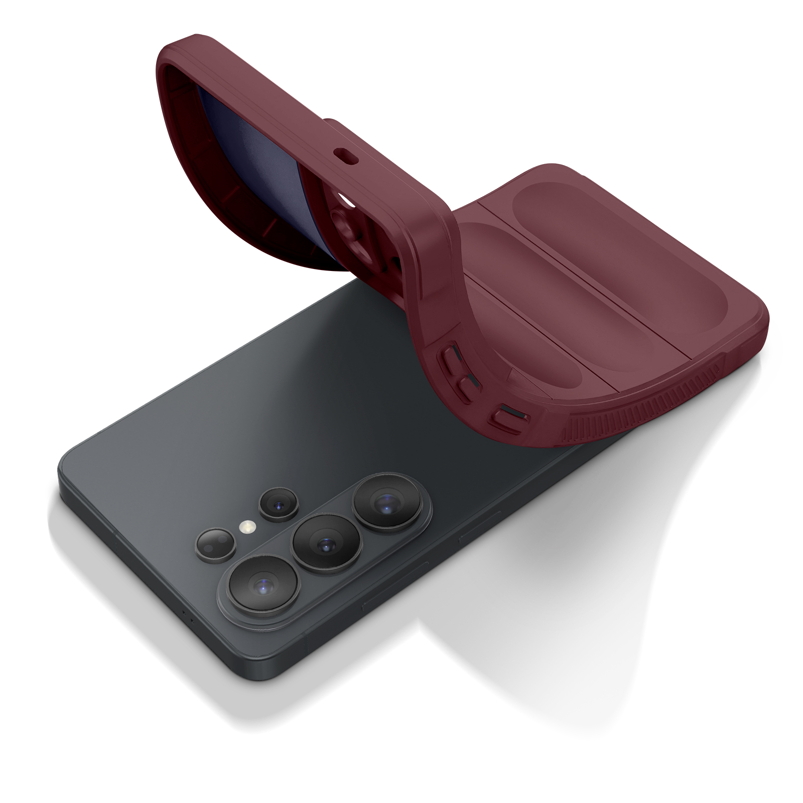 Een donkere smartphone met vier cameralenzen en een openklapbare rode hoes.