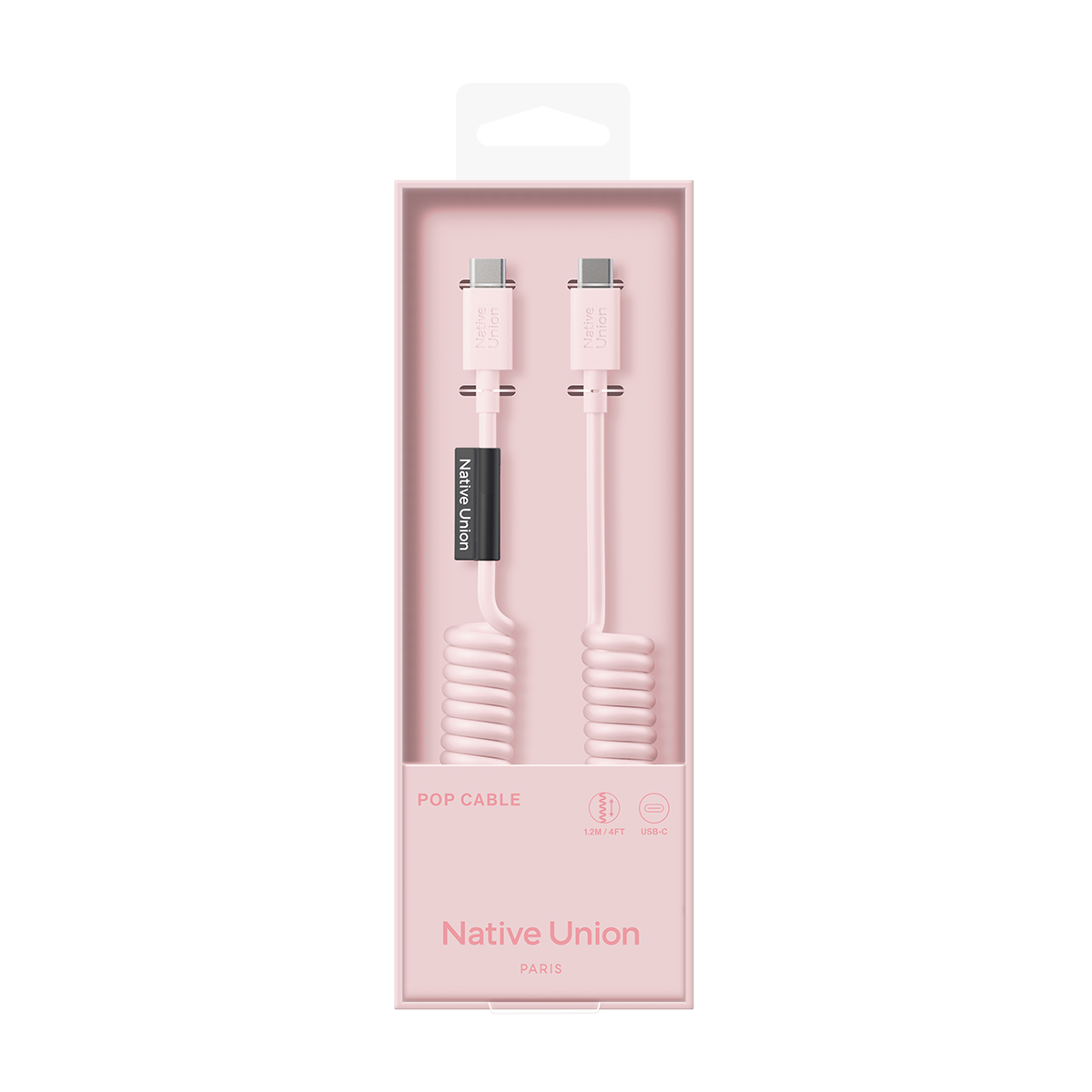 Verpackung mit zwei rosafarbenen USB-C-Kabeln von Native Union mit gewickelten Kabeln.