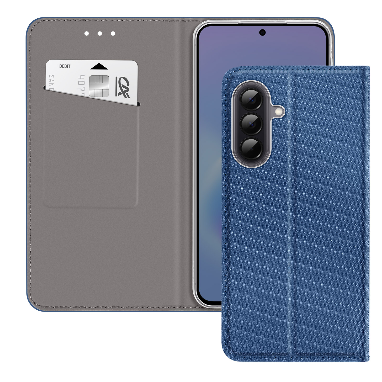 Ein blaues Handycase mit Kartenfach und einem Smartphone.