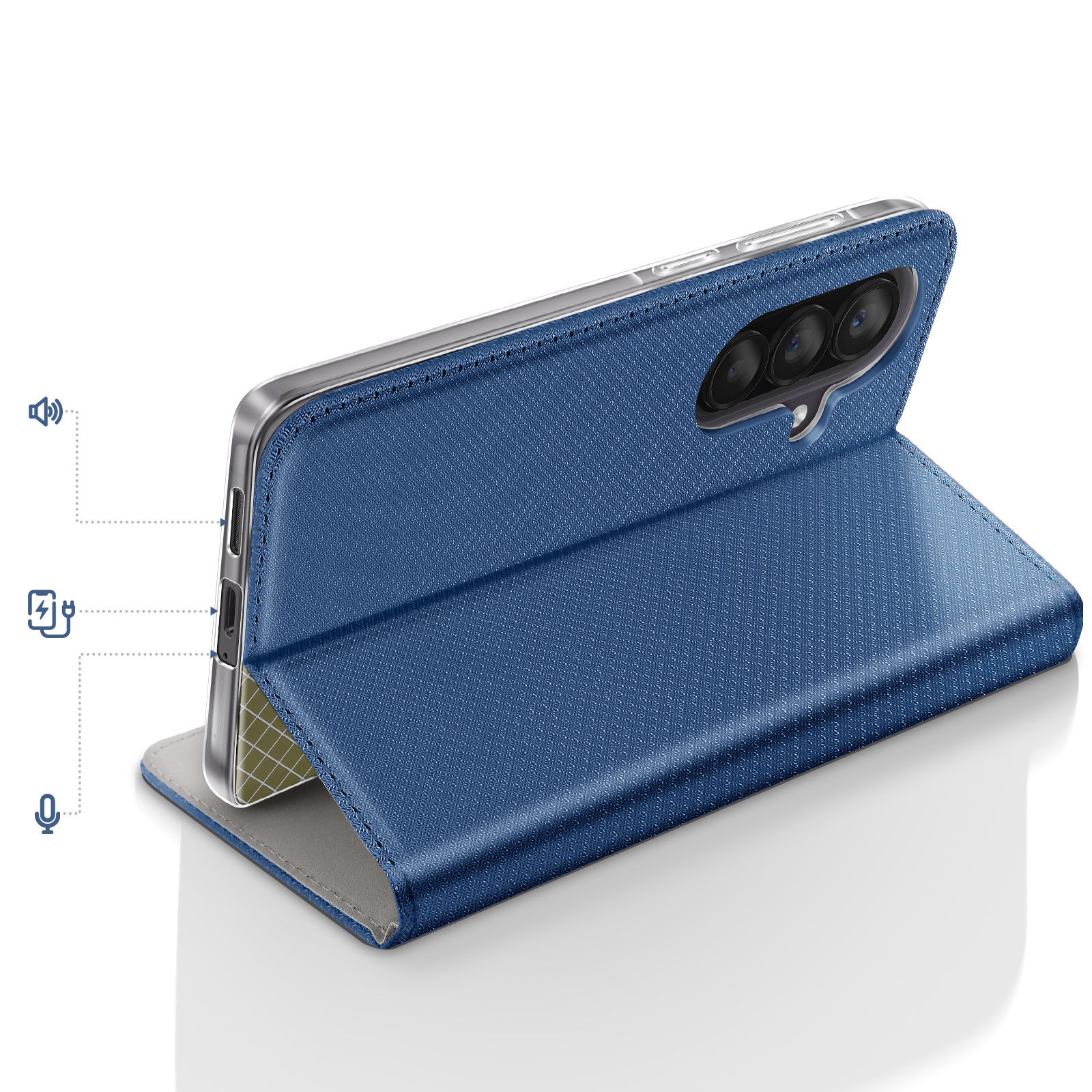 Blaues Handy-Flipcase mit Kameras und Symbolen für Lautsprecher, Ladegerät und Mikrofon.