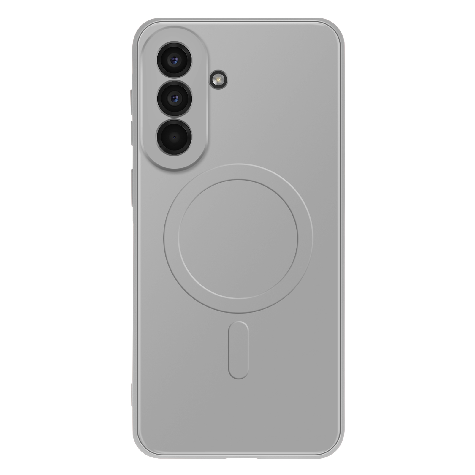 Grijze telefoonhoes met drie camera's en magnetische oplaadcirkel.
