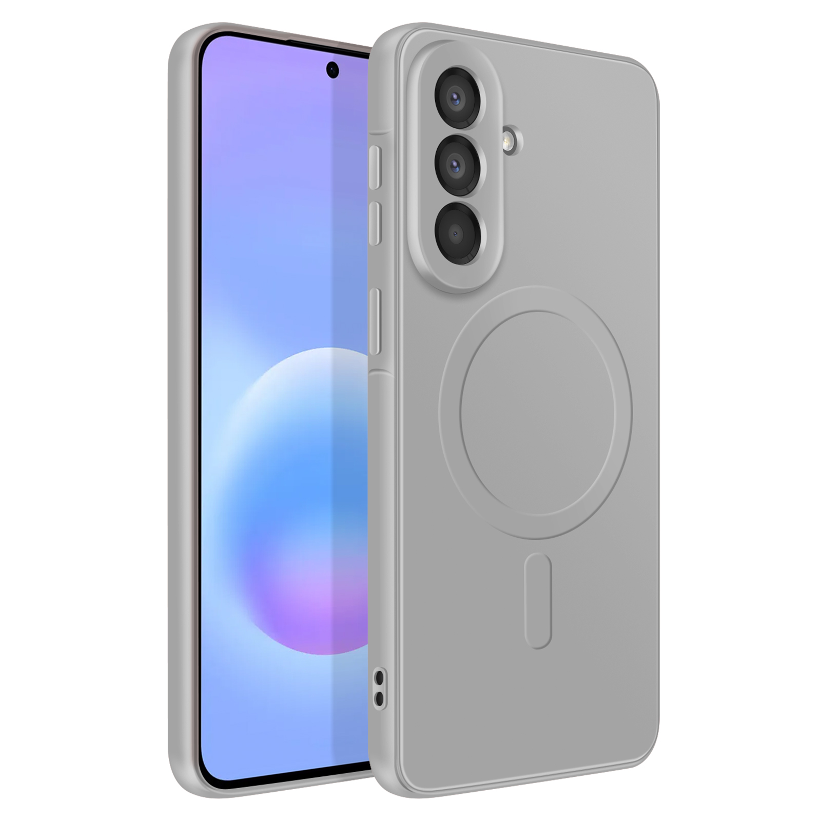 Grijze telefoon met drie camera's en een cirkelvormige inkeping aan de achterkant.