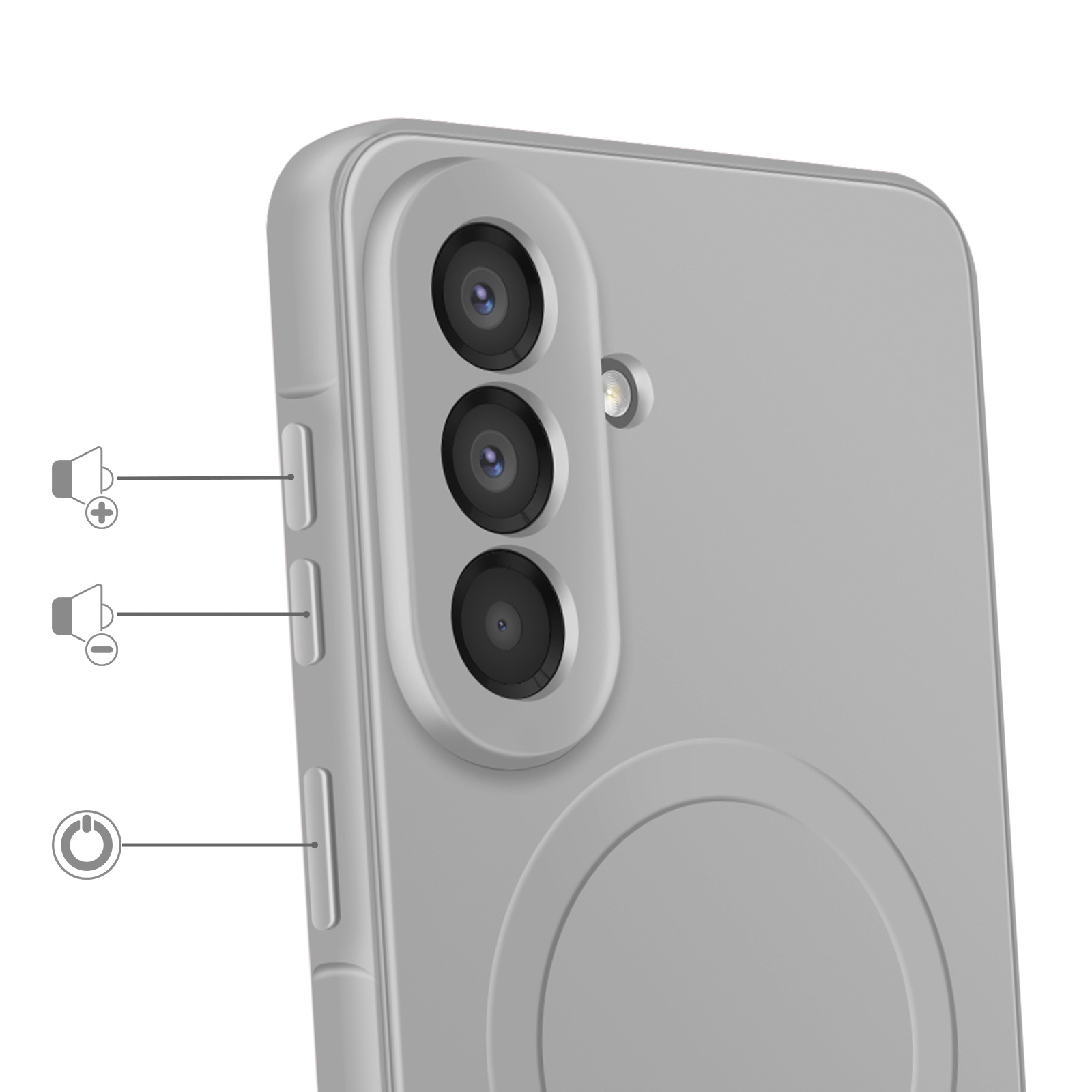 Grijze smartphone met drie camera's, volume- en aan/uit-knoppen.