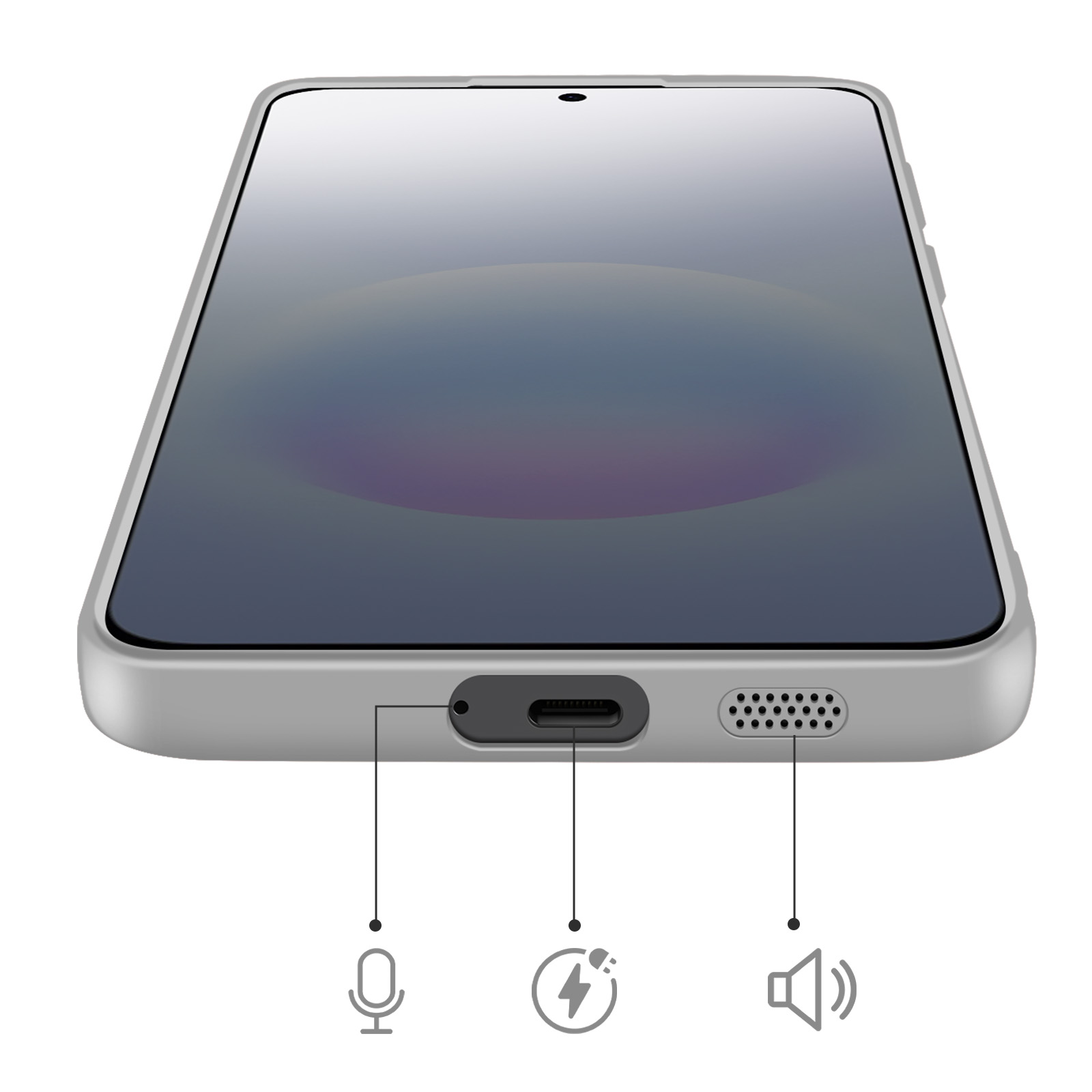 Zilveren smartphone onderaanzicht: microfoon, USB-C poort, luidsprekergrill. Iconen tonen functies.