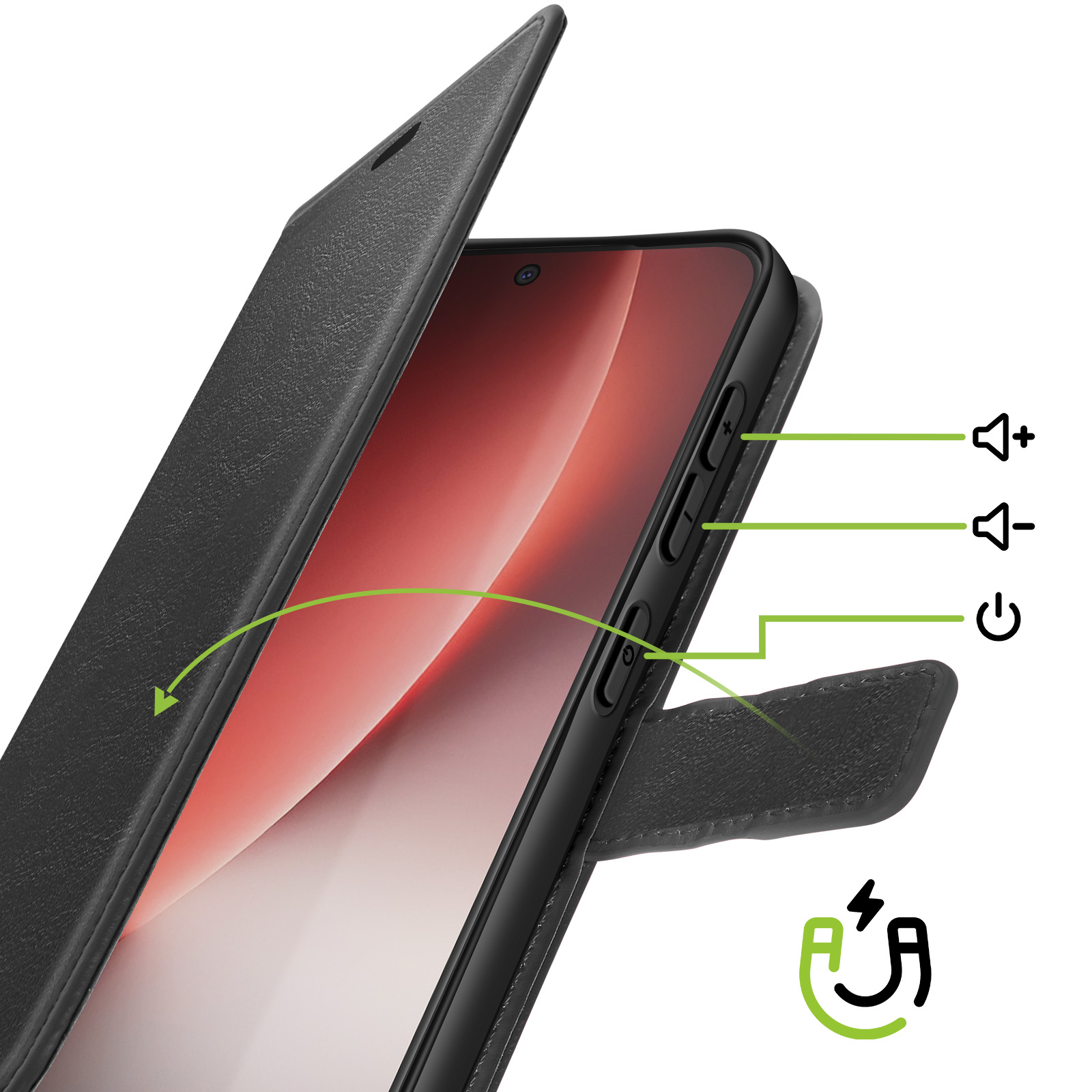 Zwarte telefoon met open klepdeksel. Knoppen en pictogrammen zijn gemarkeerd.